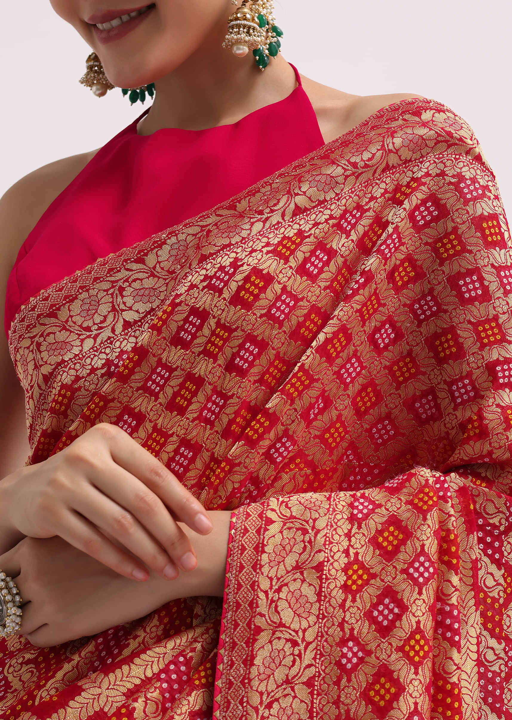 Hot Pink Woven Khadi Georgette Saree With Unstitched Blouse - Image 2