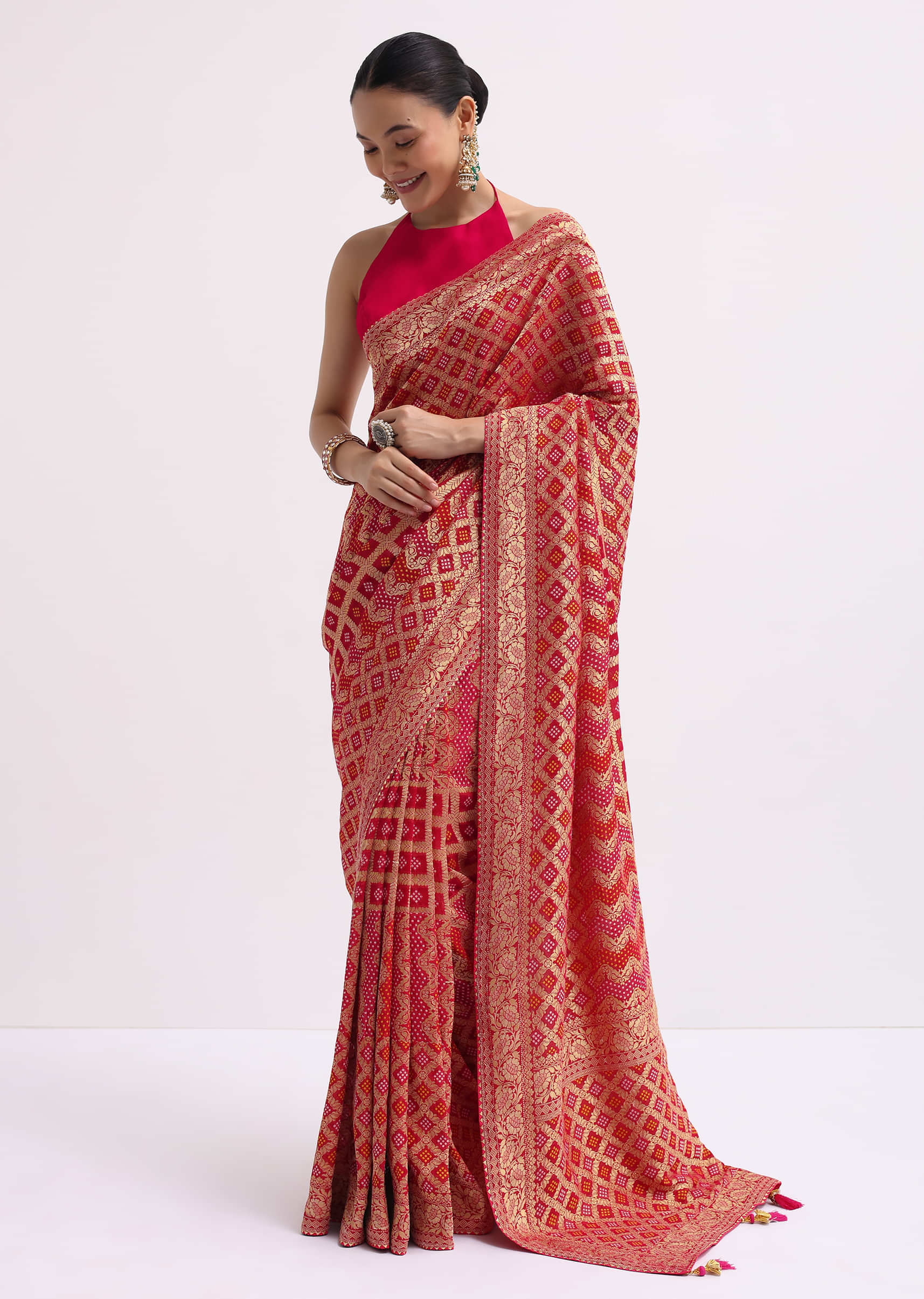 Hot Pink Woven Khadi Georgette Saree With Unstitched Blouse - Image 3