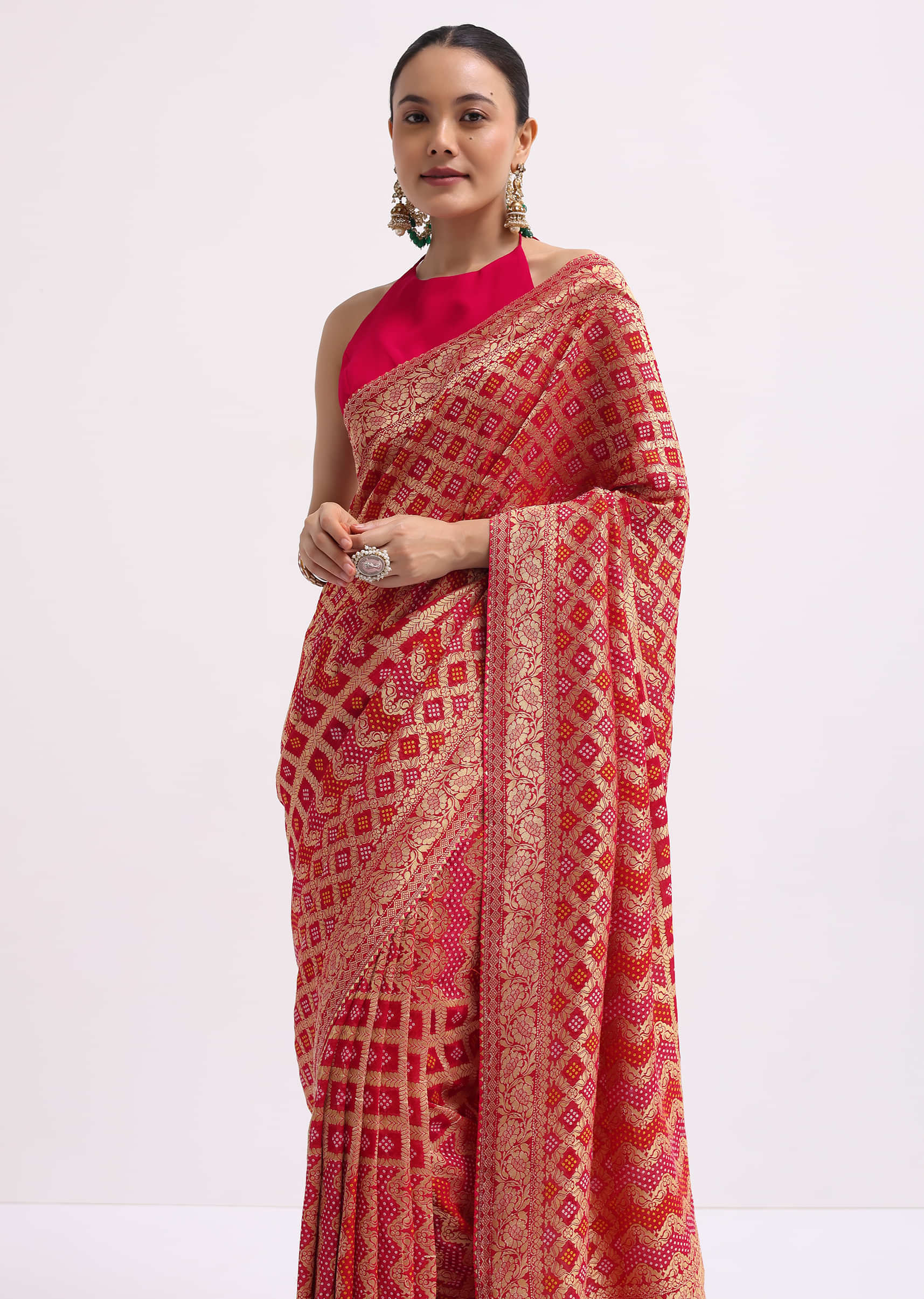 Hot Pink Woven Khadi Georgette Saree With Unstitched Blouse - Image 5