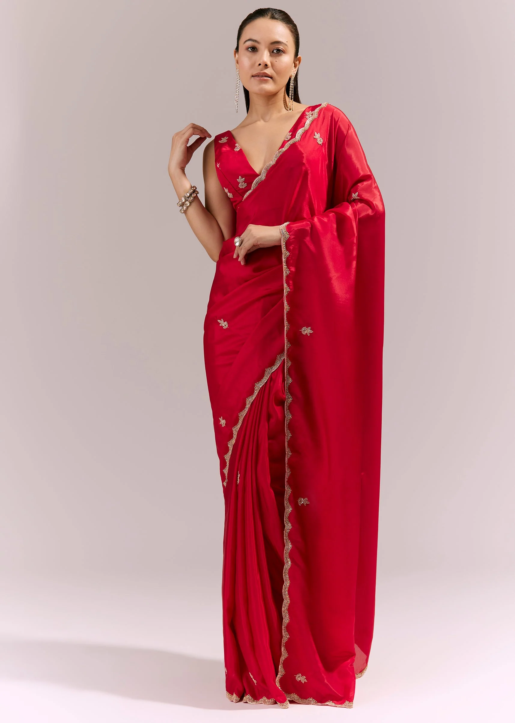 Hot Red Satin Saree With Scalloped Embroidered Border And Butti