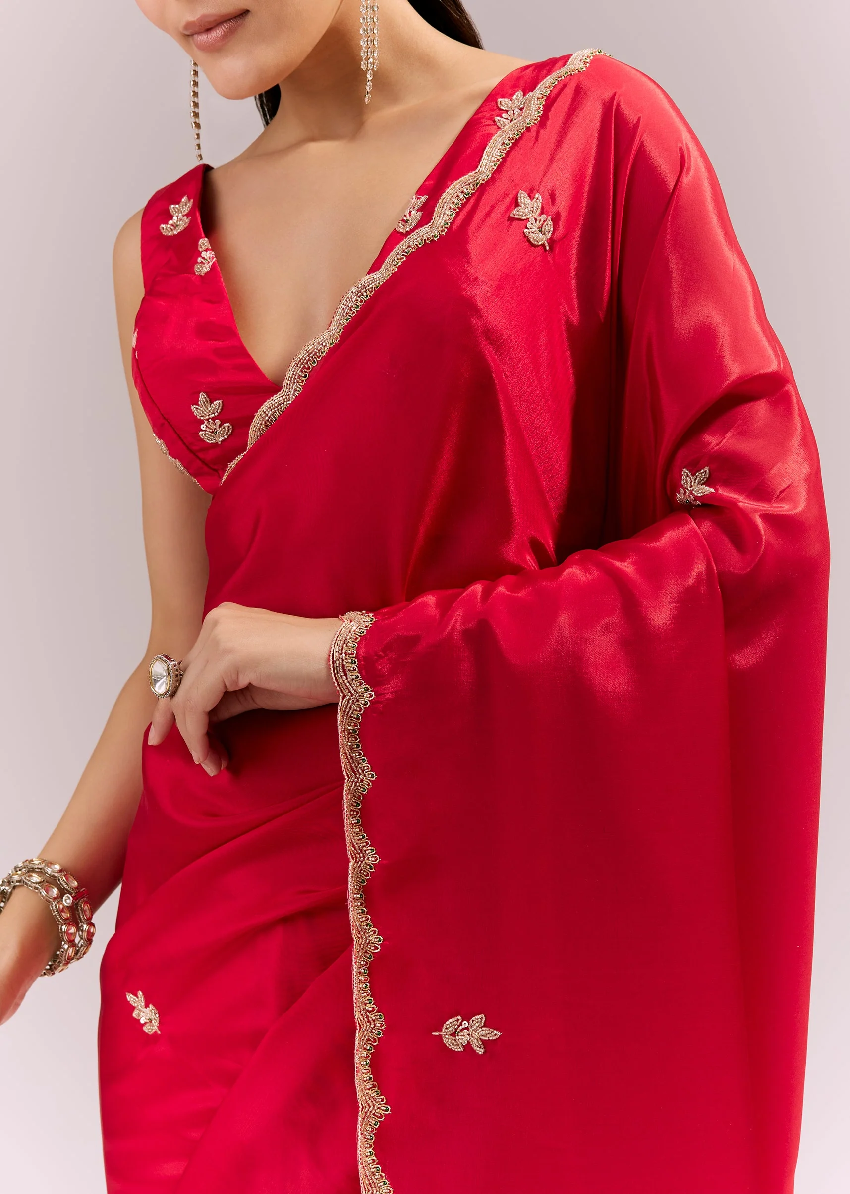 Hot Red Satin Saree With Scalloped Embroidered Border And Butti - Image 2