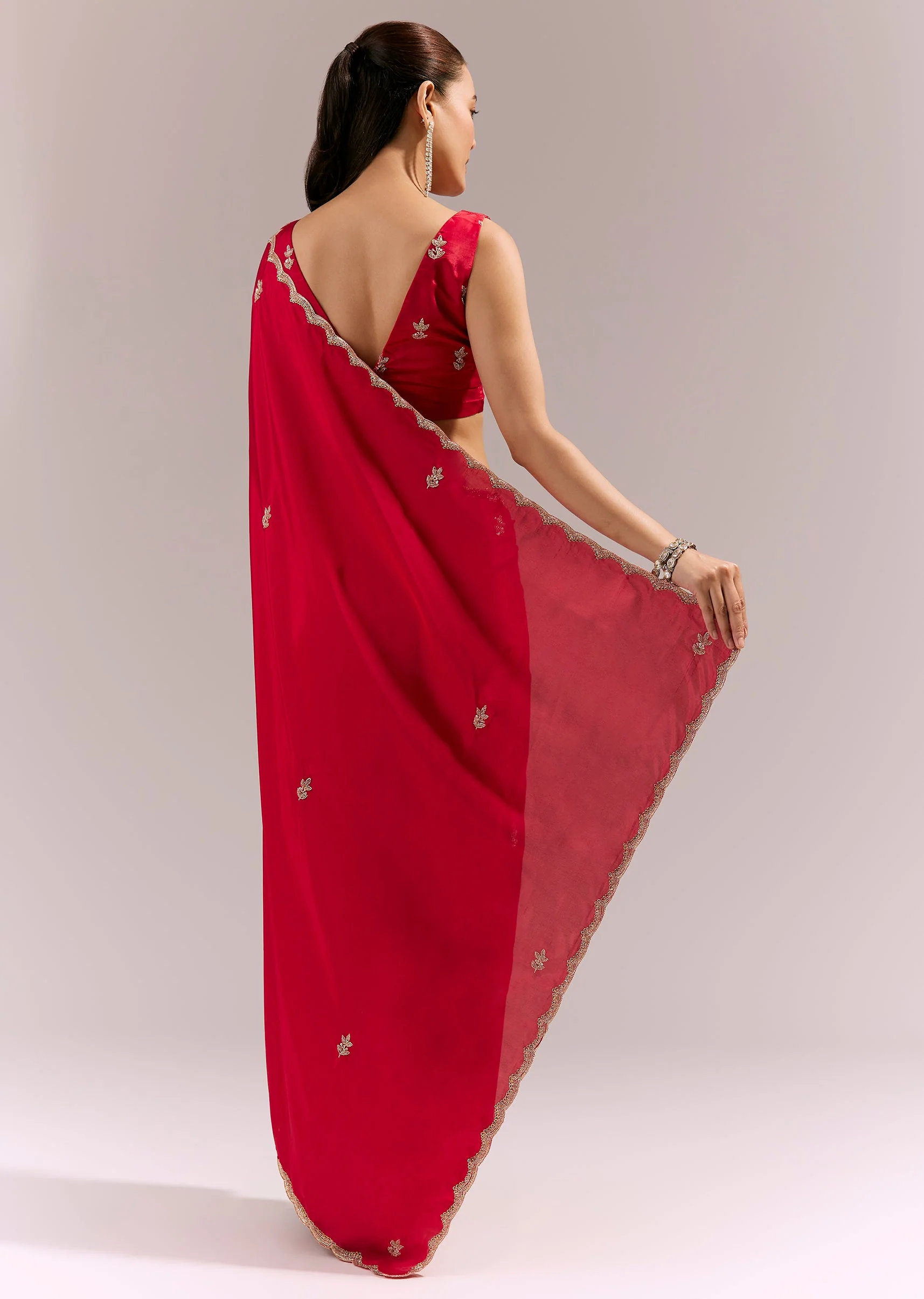 Hot Red Satin Saree With Scalloped Embroidered Border And Butti - Image 4