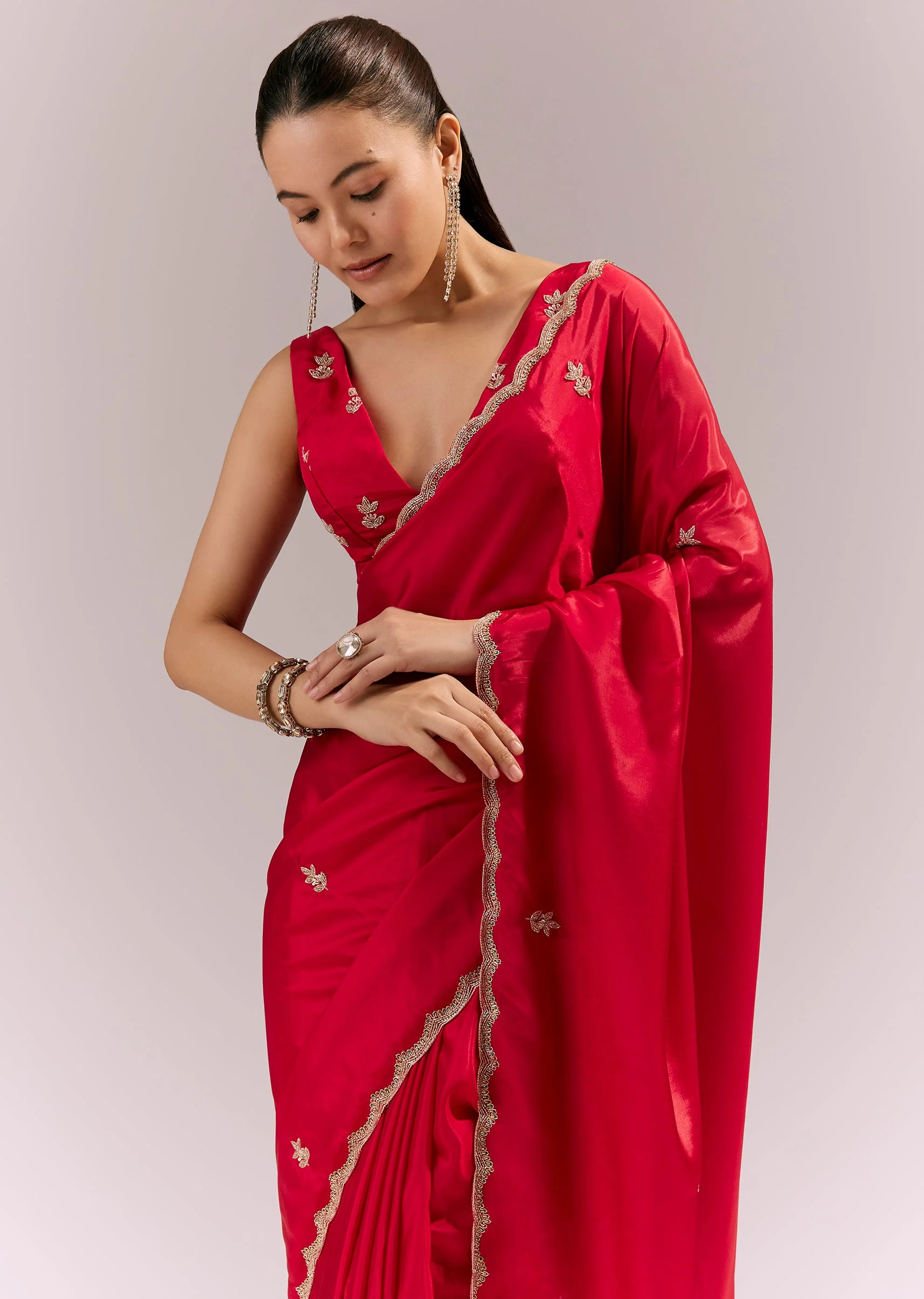 Hot Red Satin Saree With Scalloped Embroidered Border And Butti - Image 5