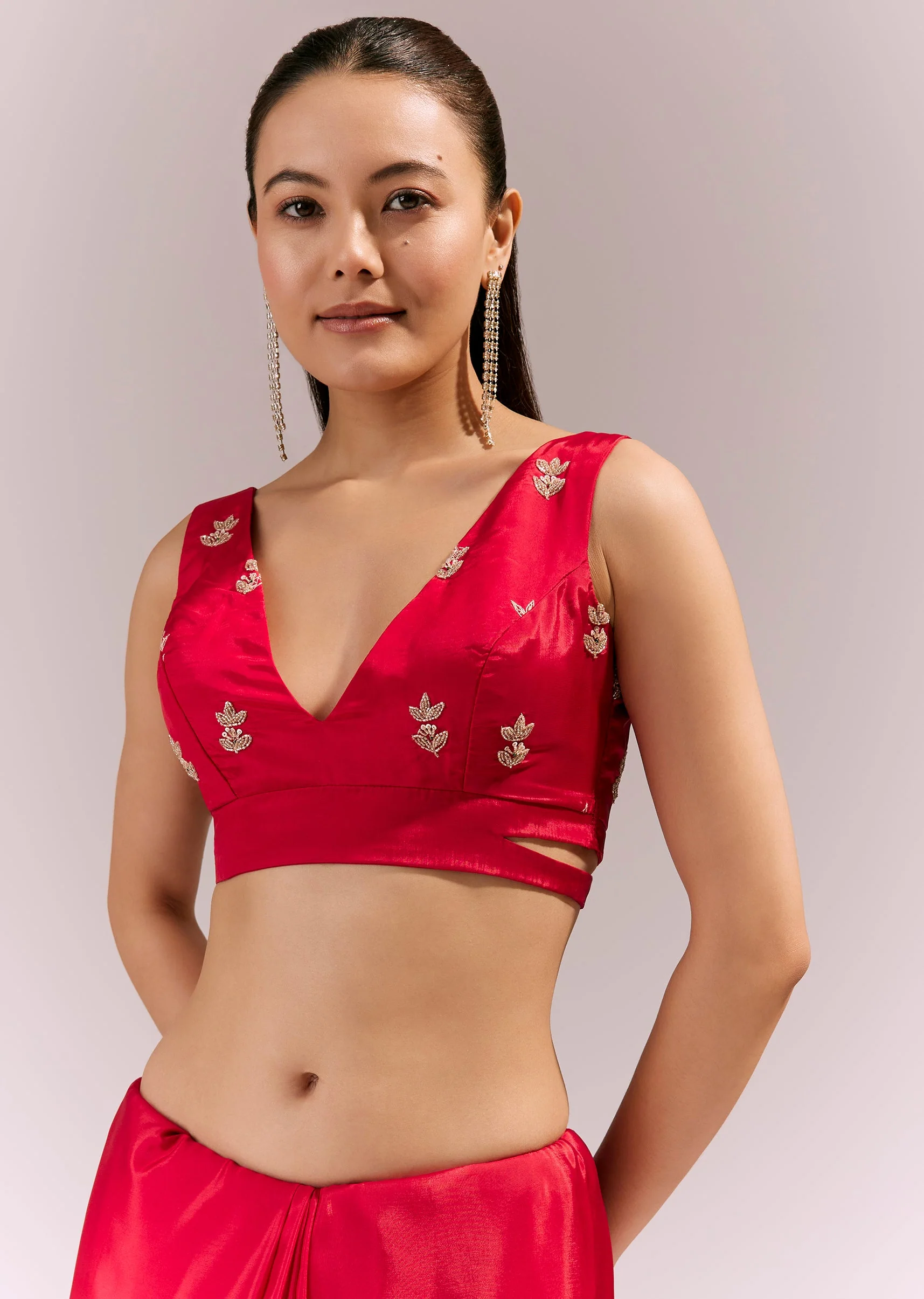 Hot Red Satin Saree With Scalloped Embroidered Border And Butti - Image 7