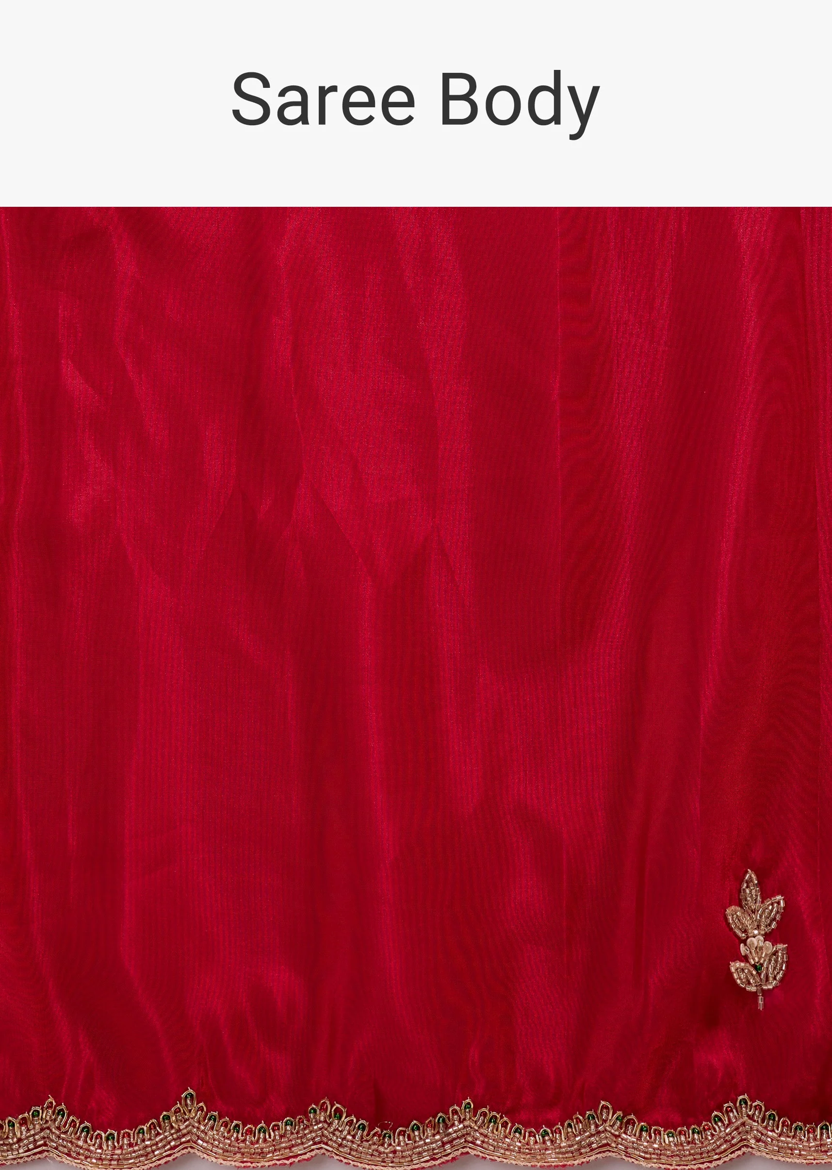 Hot Red Satin Saree With Scalloped Embroidered Border And Butti - Image 9