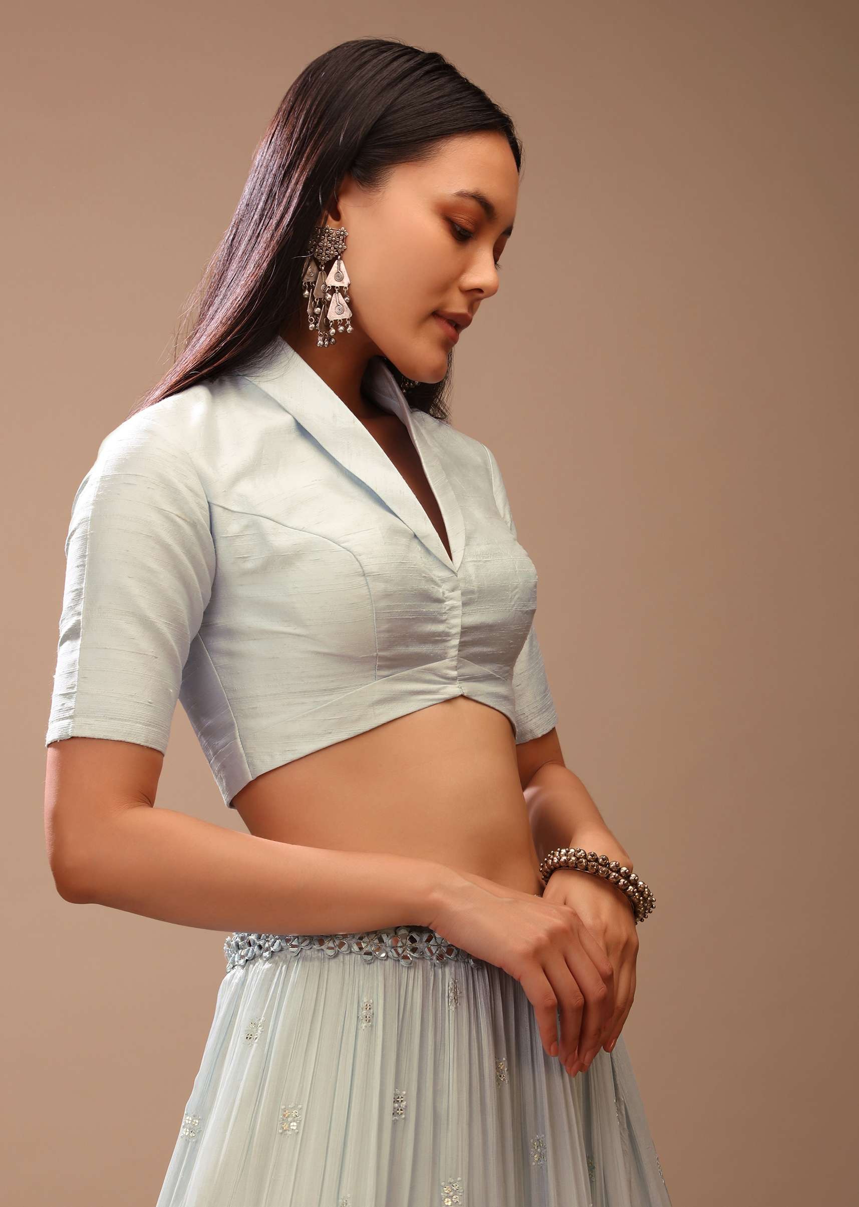 Ice Blue Blouse In Raw Silk With Collar Neckline, Front Hook Closure And Half Sleeves - Image 8