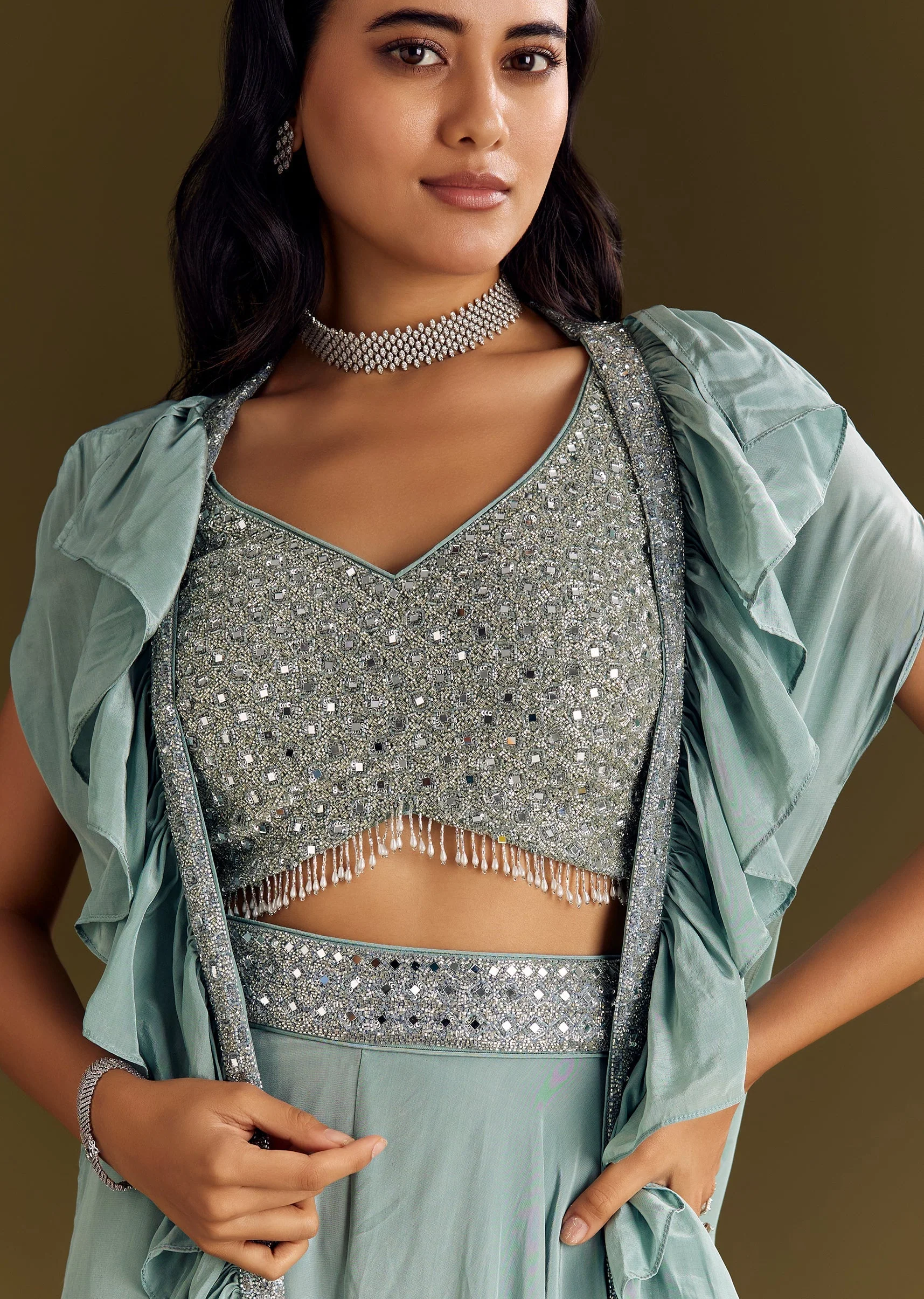 Ice Blue Crepe Croptop And Palazzo Set With Ruffled Jacket - Image 3