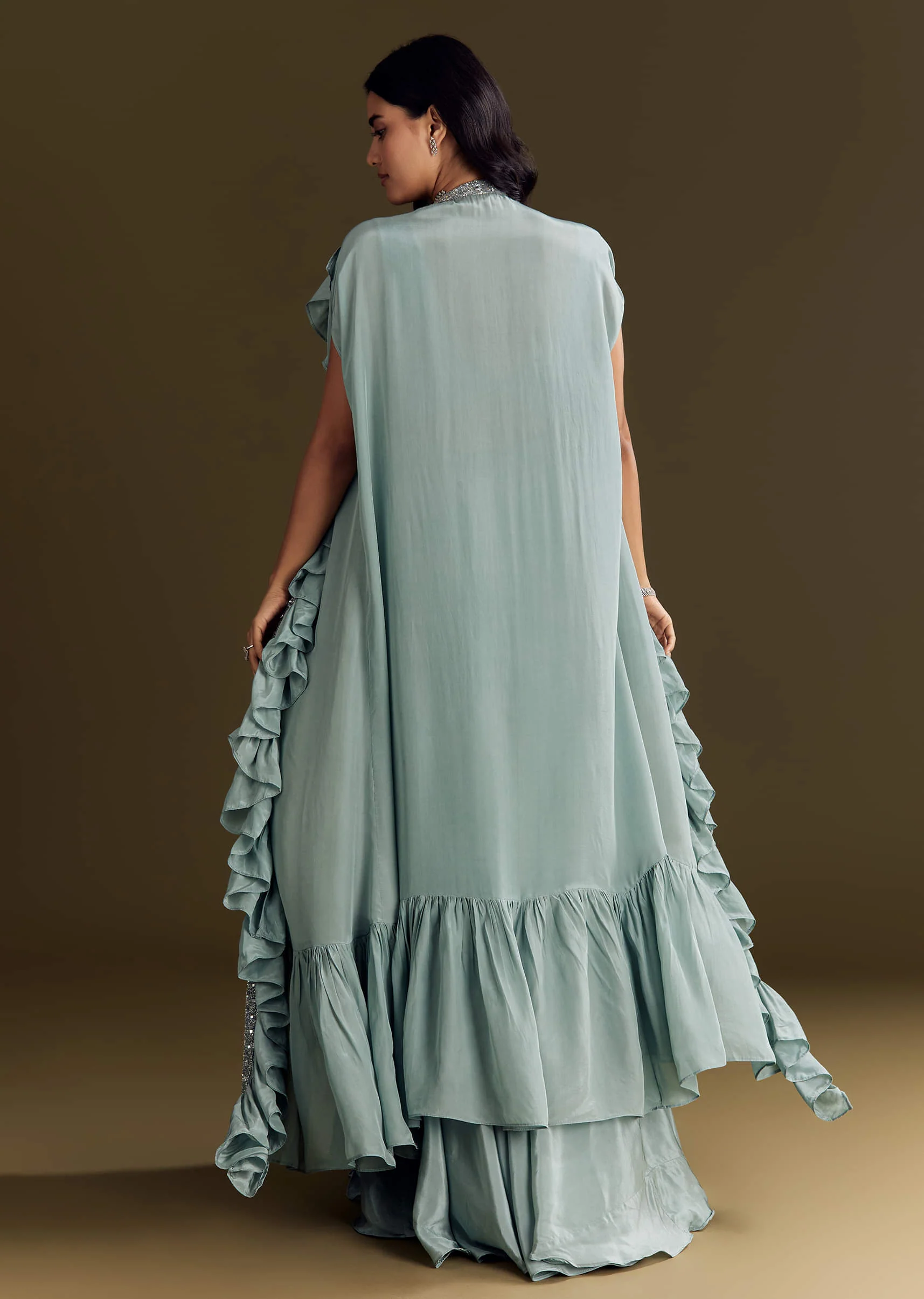 Ice Blue Crepe Croptop And Palazzo Set With Ruffled Jacket - Image 5