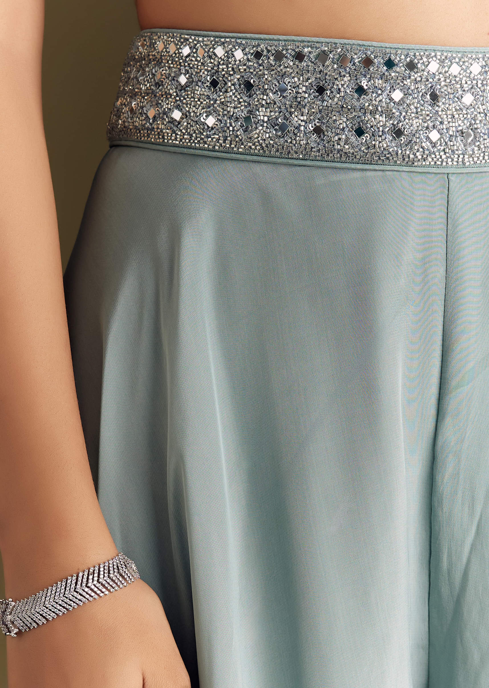 Ice Blue Crepe Croptop And Palazzo Set With Ruffled Jacket - Image 6