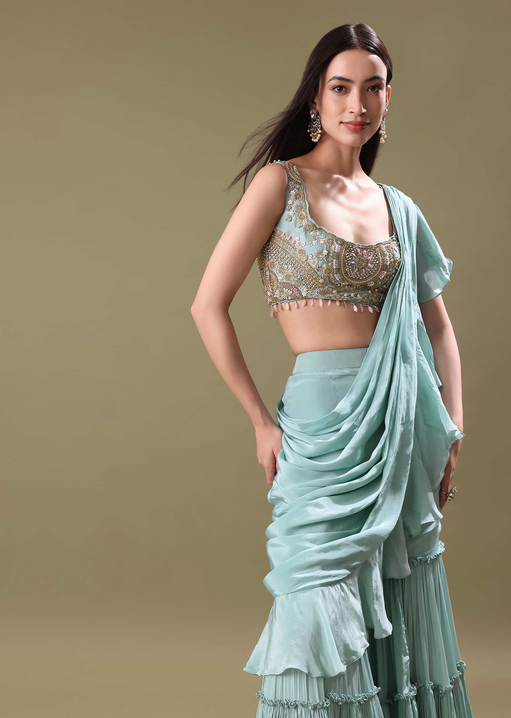 Ice Blue Frill Saree With Embroidered Blouse - Image 2