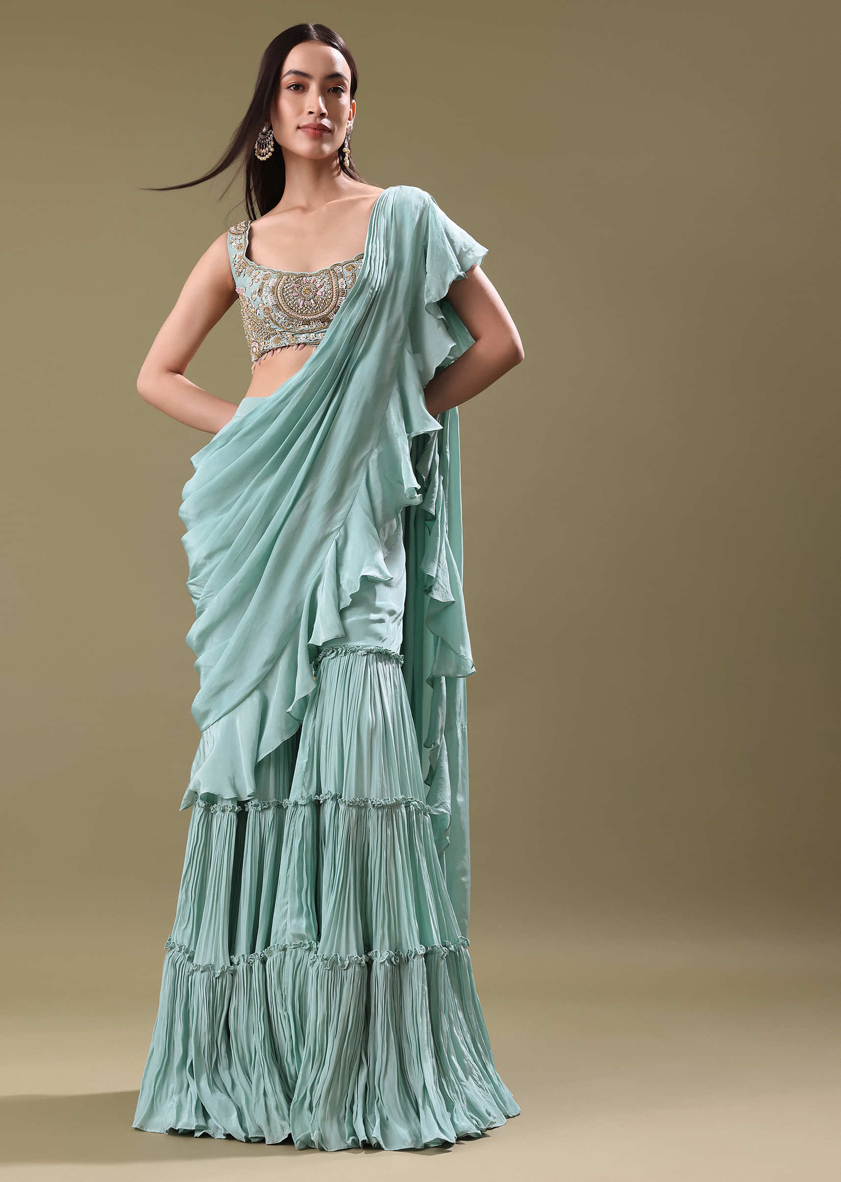 Ice Blue Frill Saree With Embroidered Blouse - Image 3