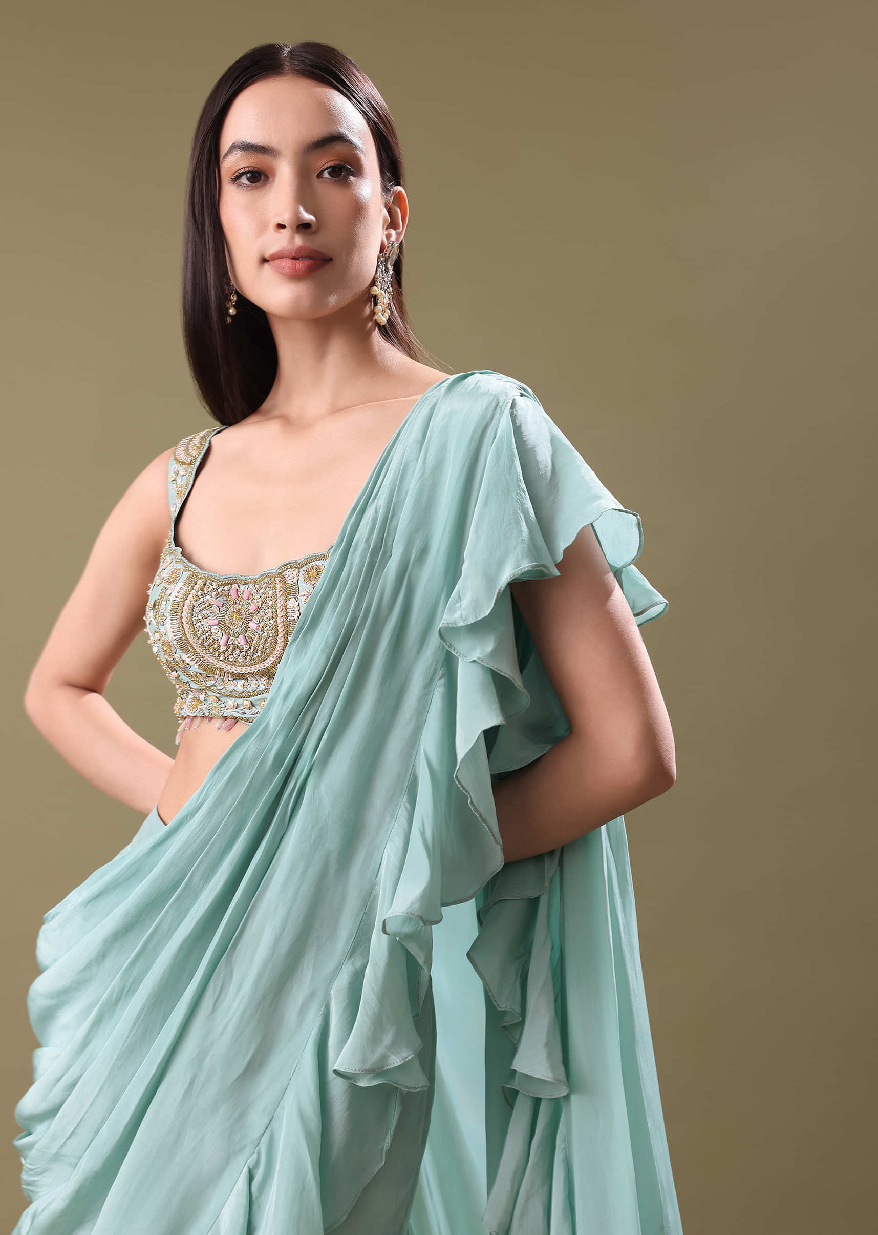 Ice Blue Frill Saree With Embroidered Blouse - Image 4
