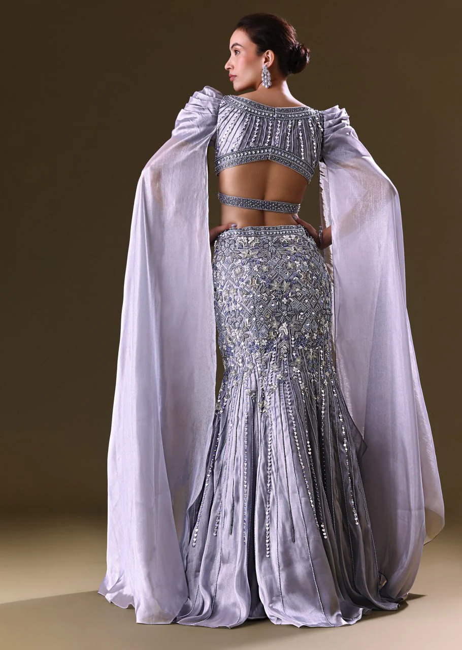 Ice Blue Mermaid Lehenga And Blouse With Long Wing Sleeves - Image 3