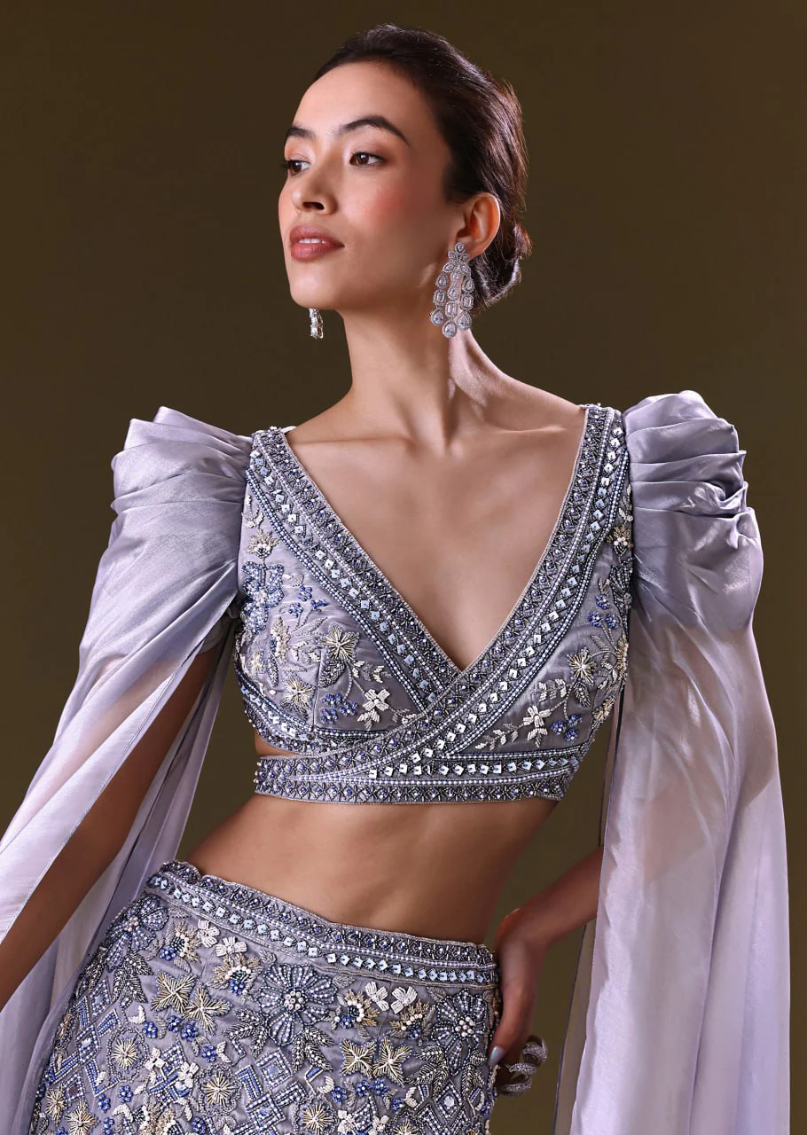 Ice Blue Mermaid Lehenga And Blouse With Long Wing Sleeves - Image 4