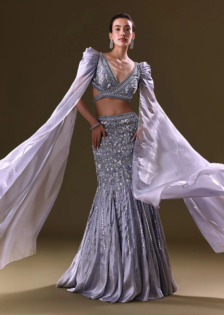 Ice Blue Mermaid Lehenga And Blouse With Long Wing Sleeves - Image 5