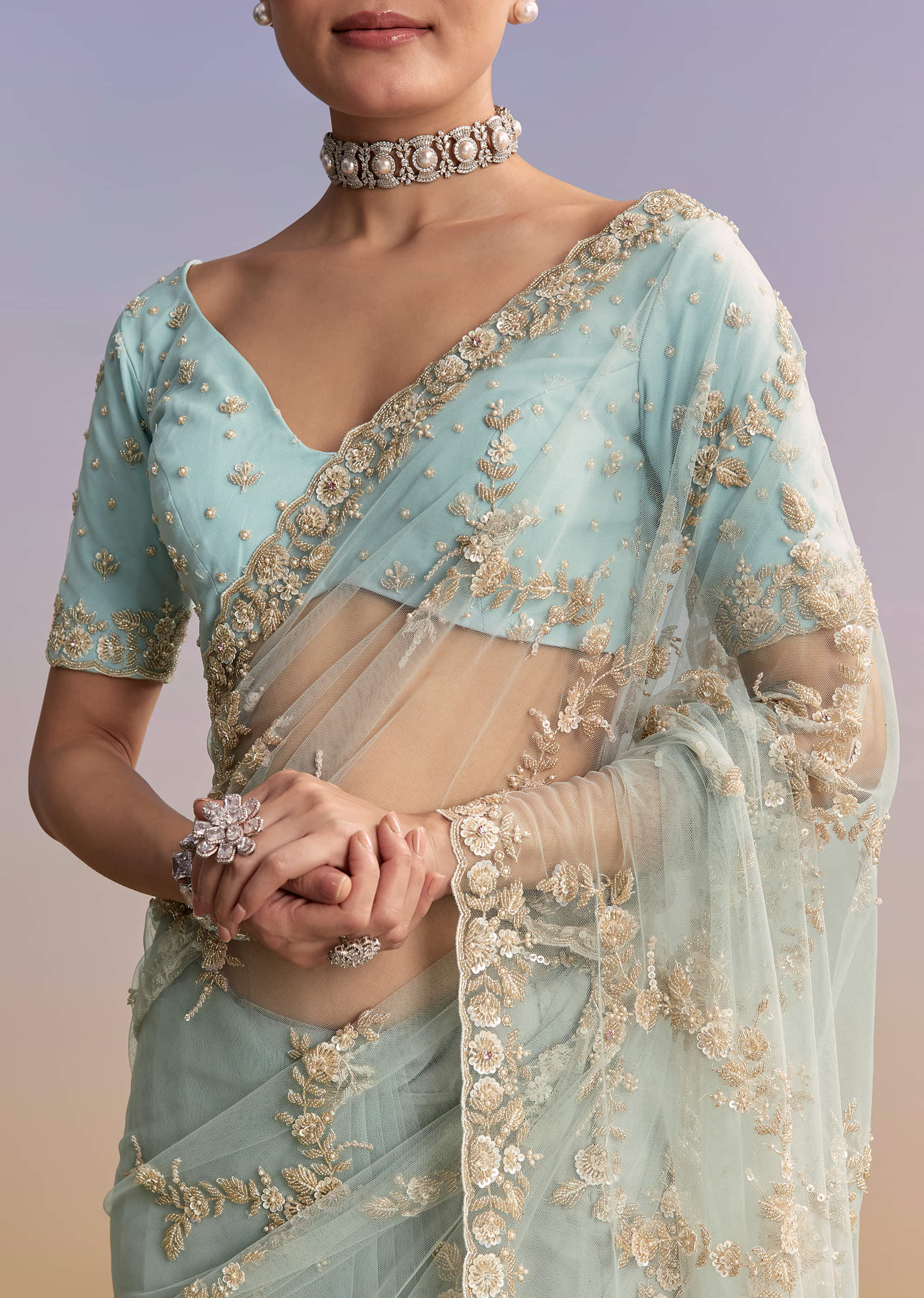 Ice Blue Net Embroidered Saree With Cutdana And Bead Work - Image 2