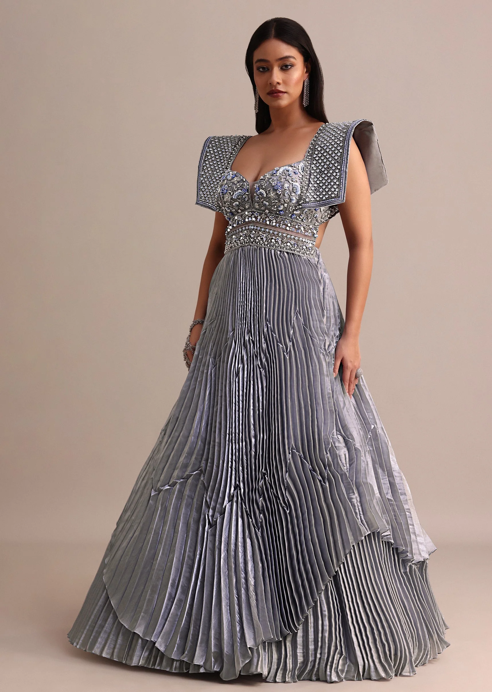 Ice Blue Organza Double Layered Circular Pleated Gown With Fancy Sleeves - Image 3