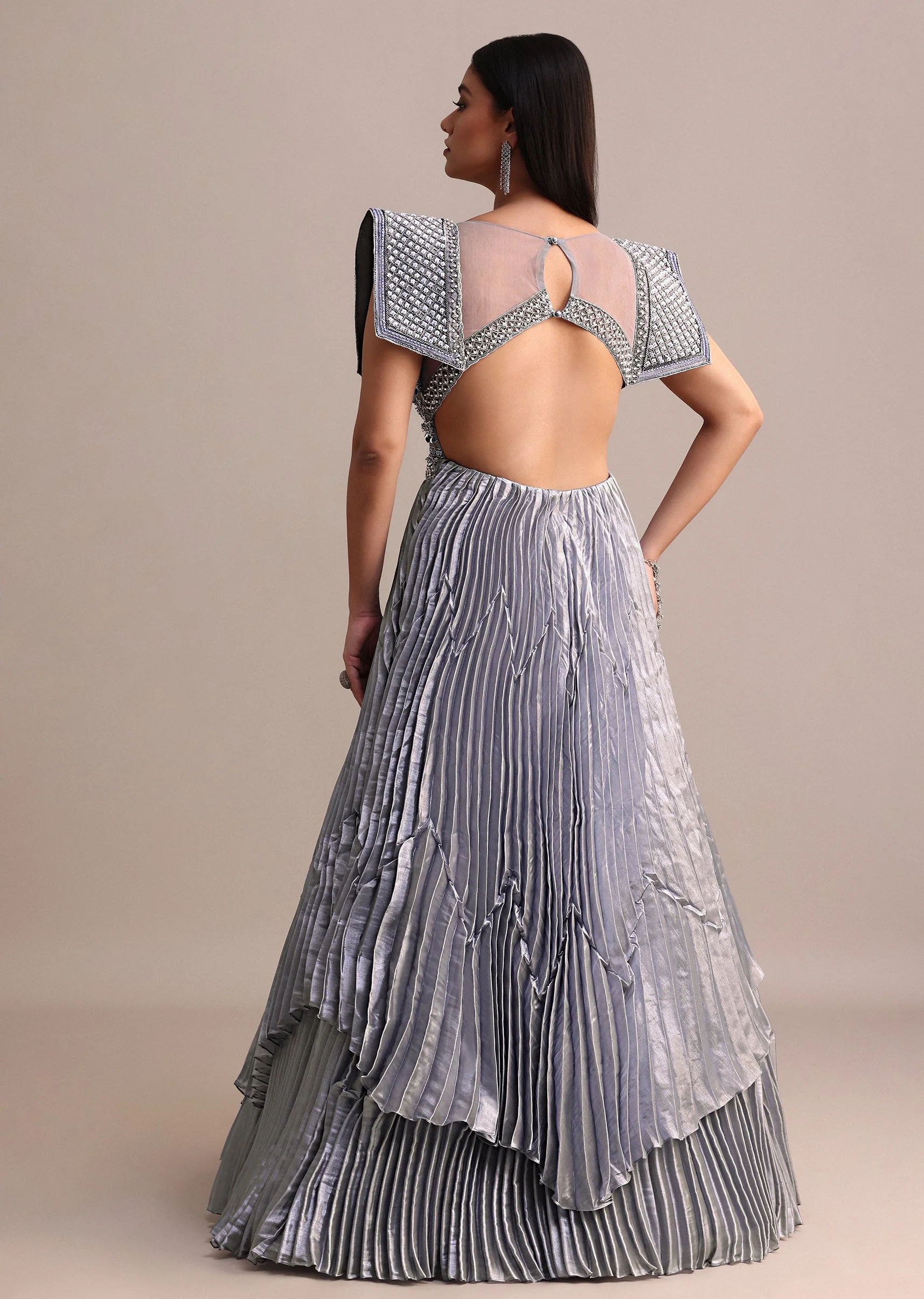 Ice Blue Organza Double Layered Circular Pleated Gown With Fancy Sleeves - Image 5