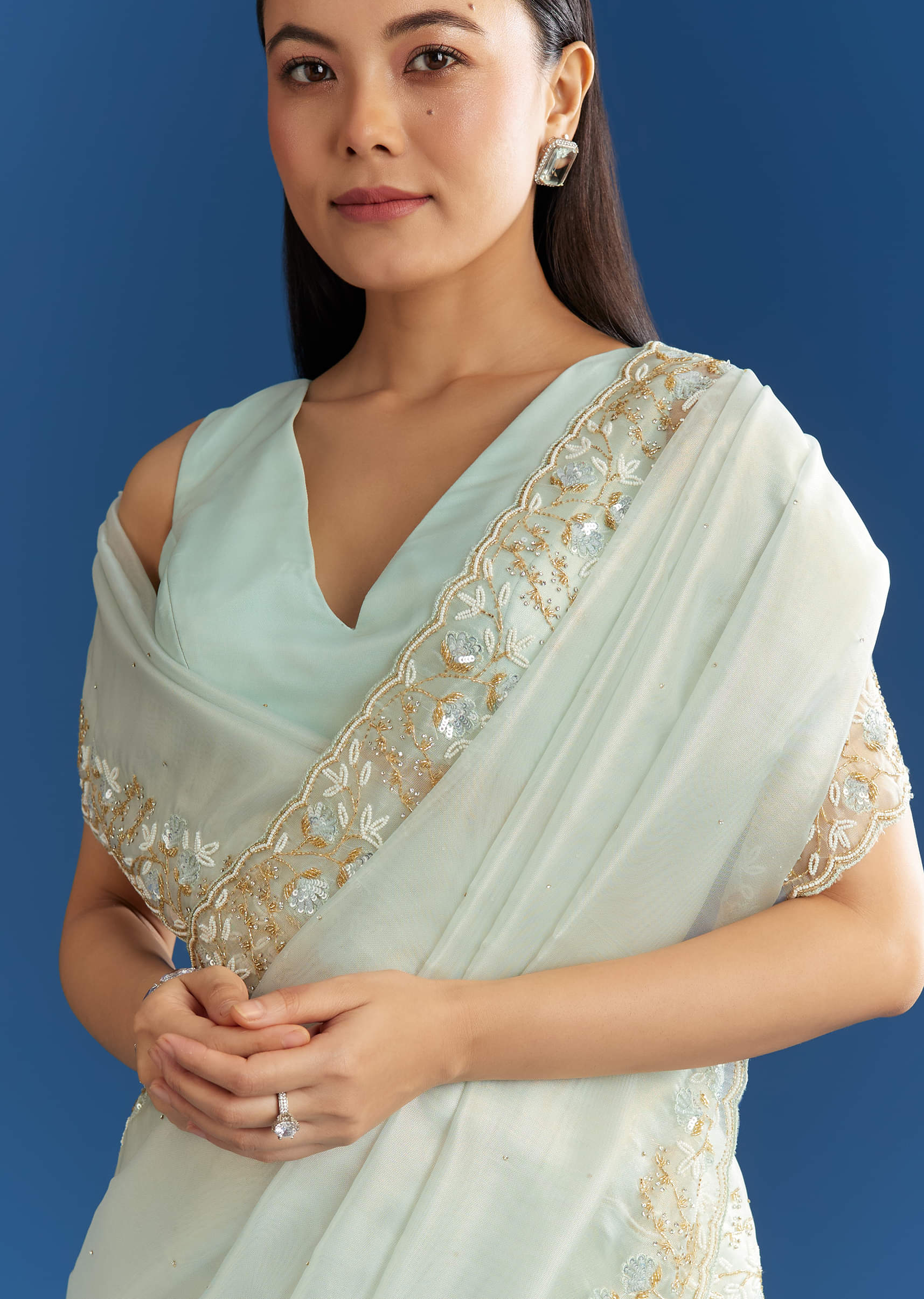 Ice Blue Organza Tissue Saree With Beaded Scallop Border - Image 5