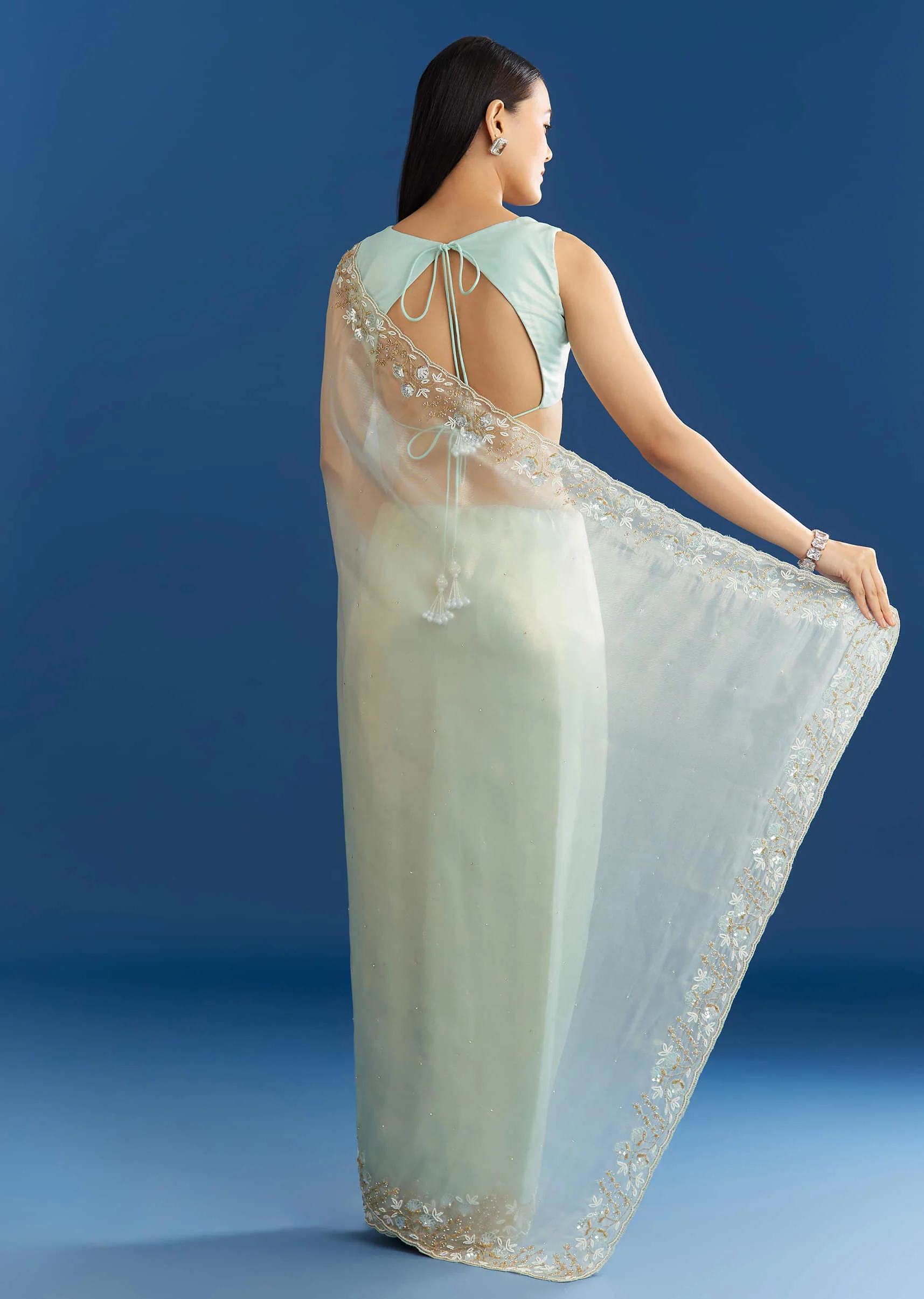 Ice Blue Organza Tissue Saree With Beaded Scallop Border - Image 6