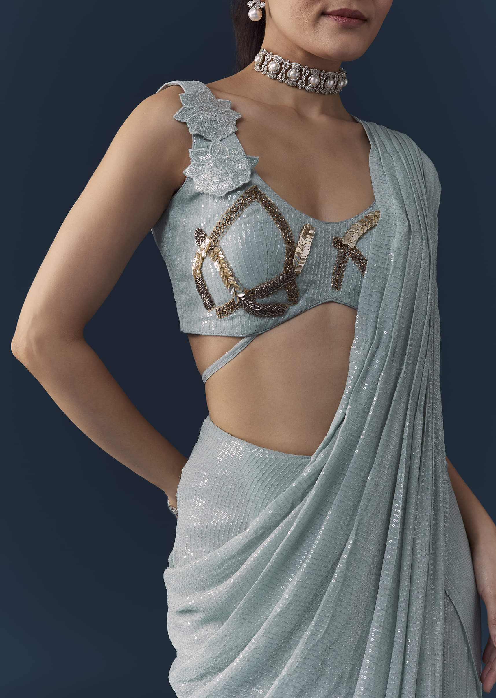 Ice Blue Pre Pleated Saree with Sequin Embellished Blouse - Image 2