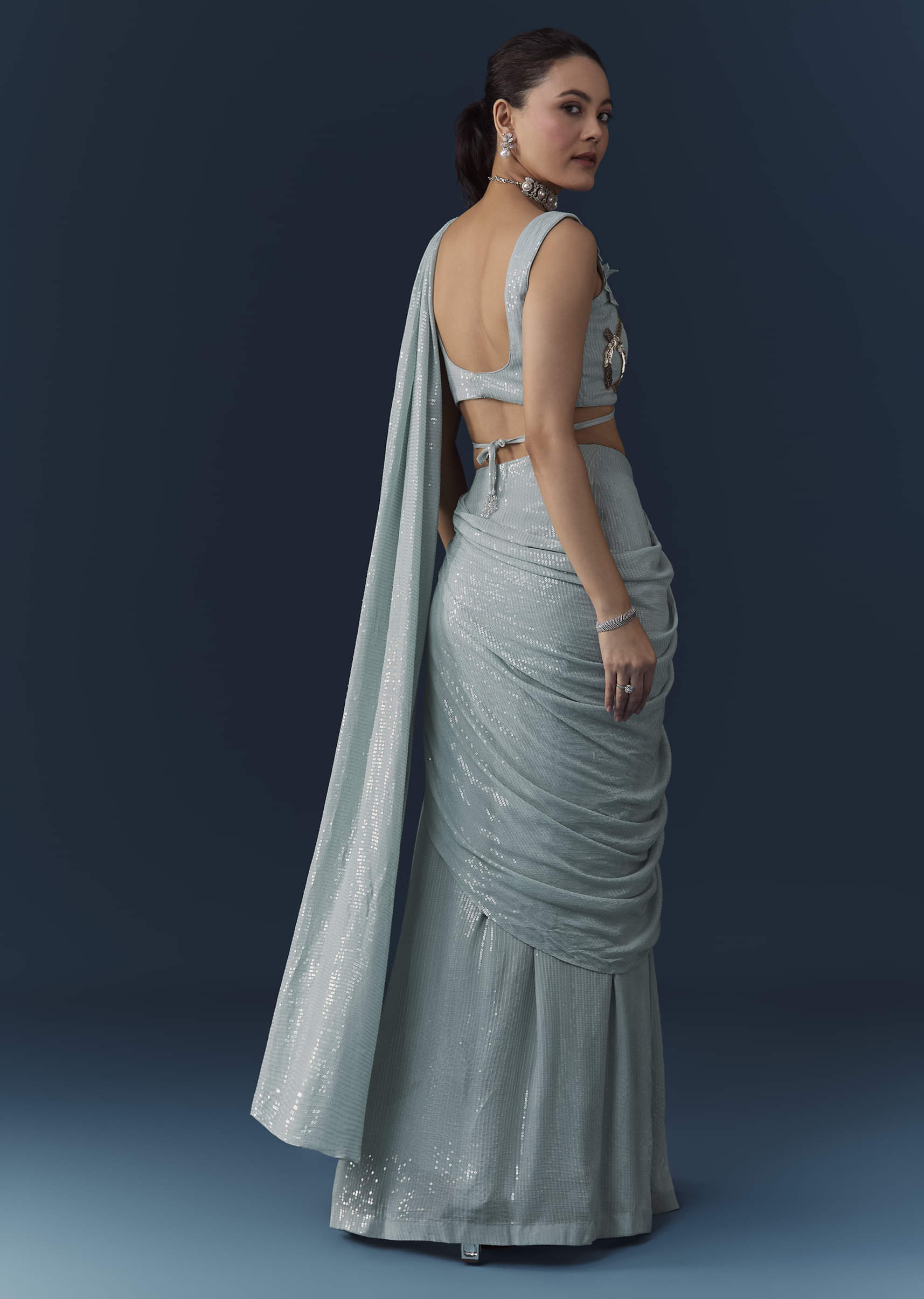 Ice Blue Pre Pleated Saree with Sequin Embellished Blouse - Image 5