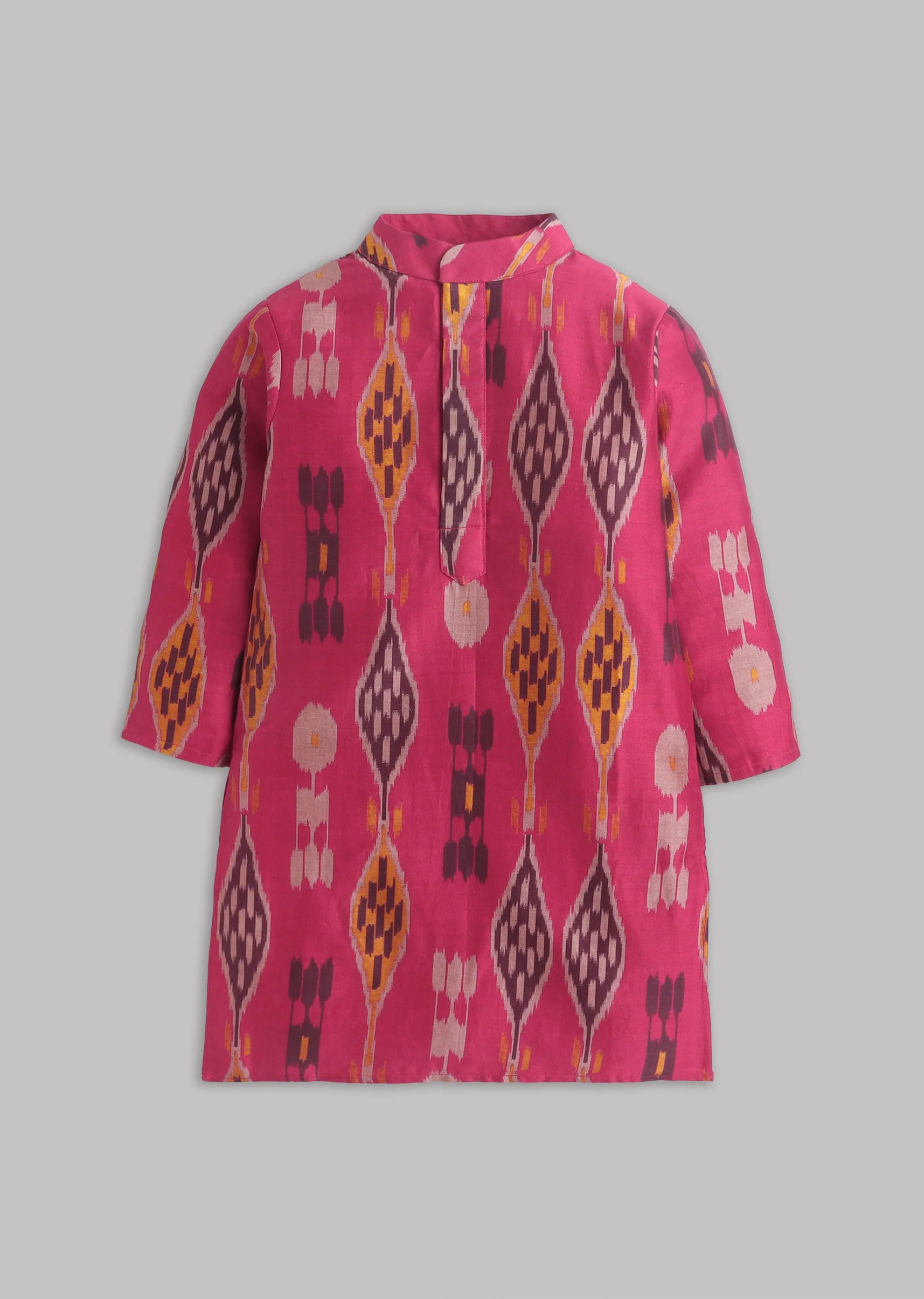 Ikat Printed Chanderi Kurta Set With Beige Salwar - Image 2