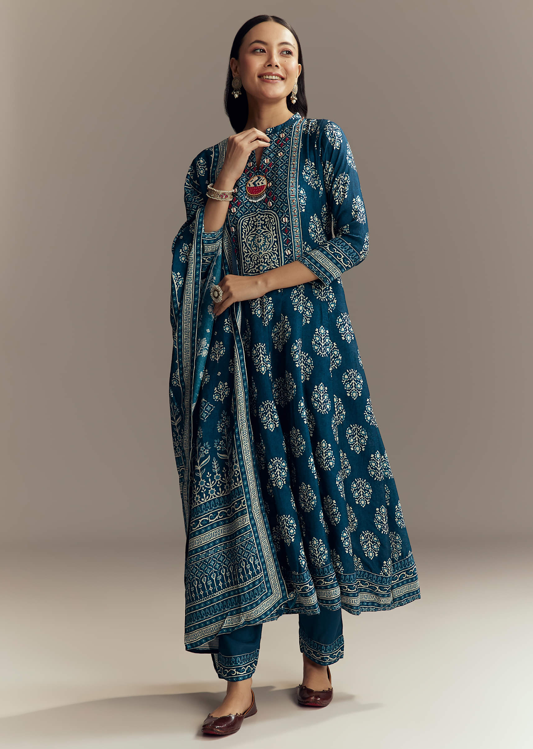 Indigo Blue Muslin Printed Anarkali Suit - Image 3