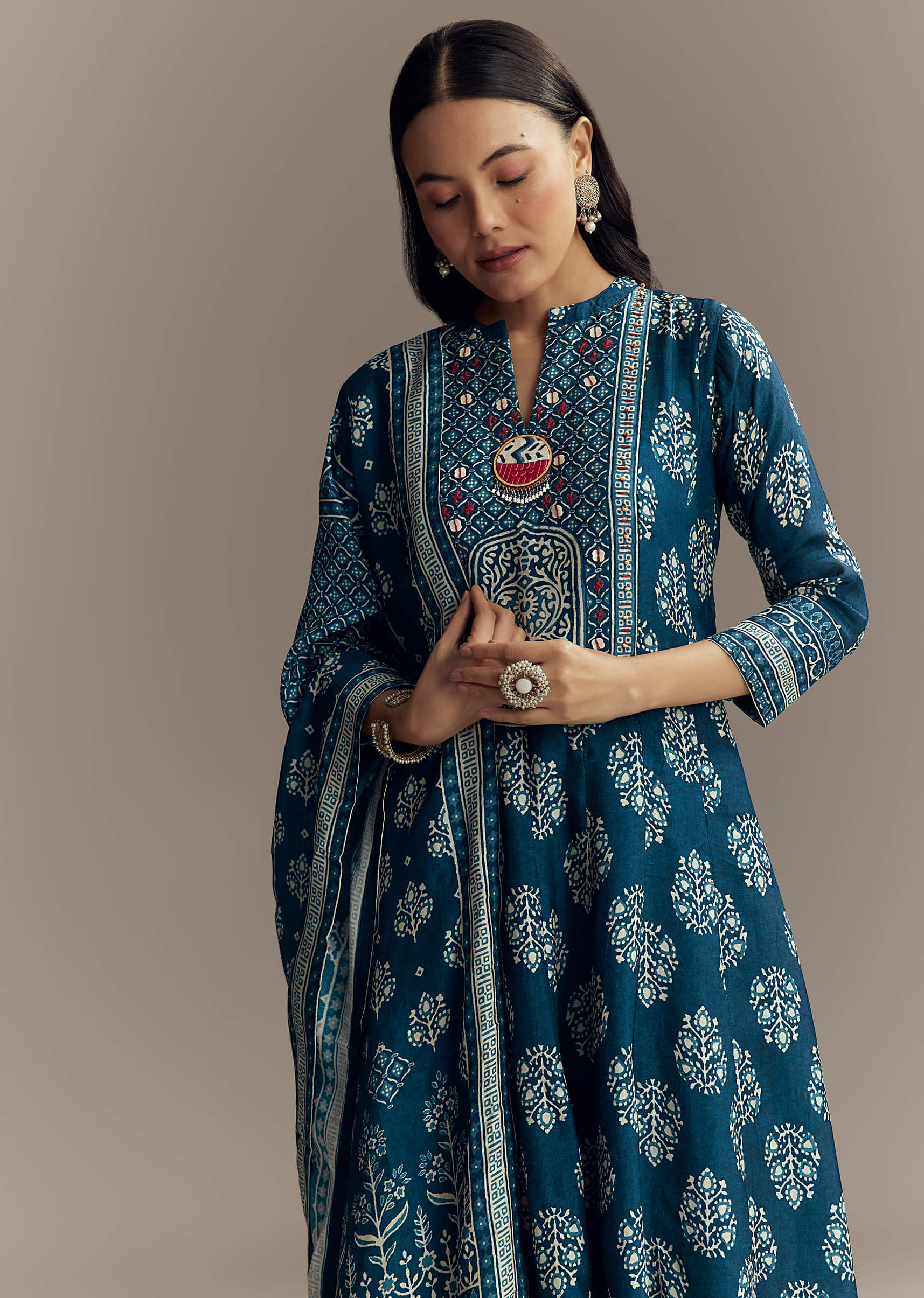 Indigo Blue Muslin Printed Anarkali Suit - Image 4
