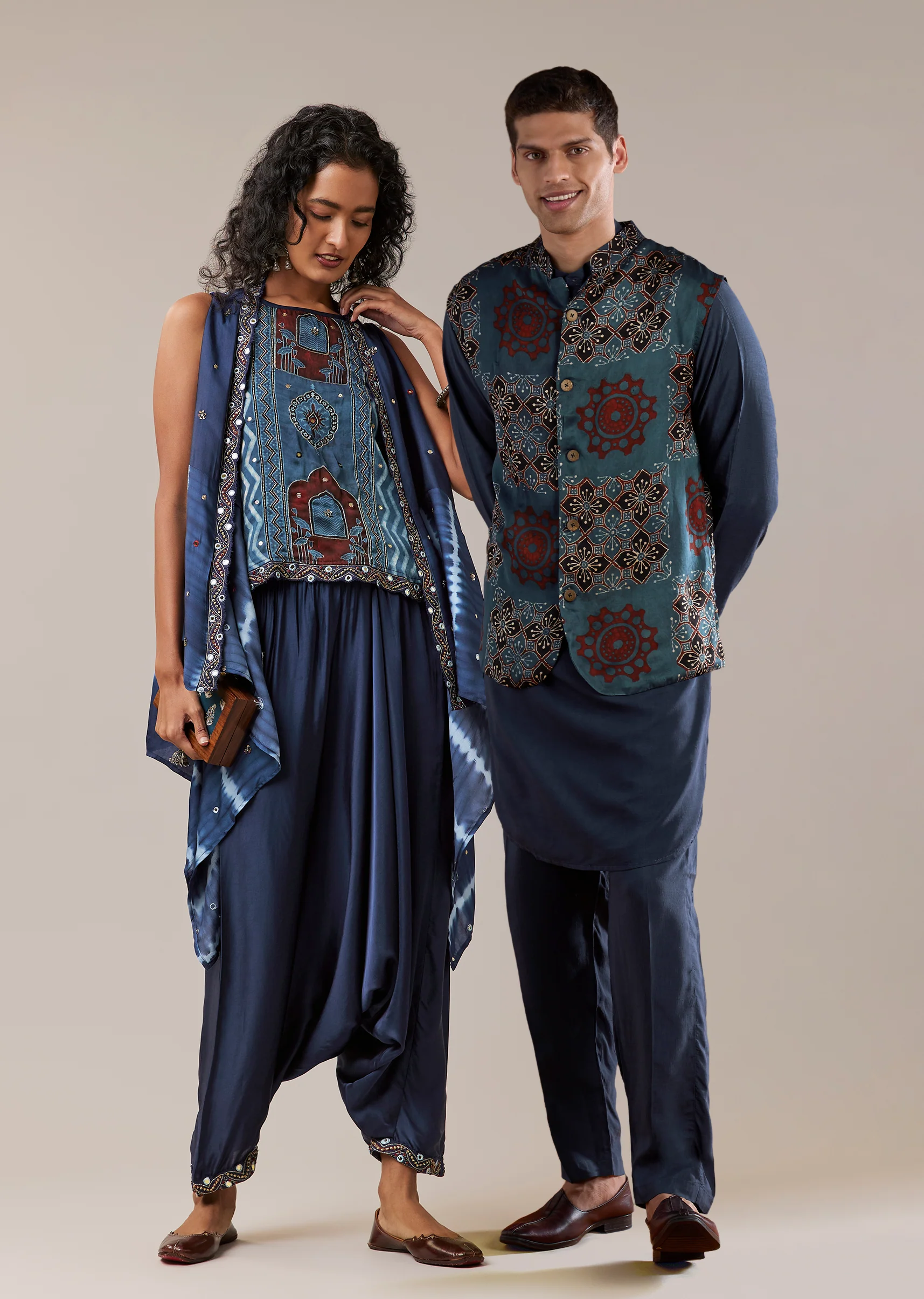 Indigo Craft Duo — Jacket Set For Her And Kurta Jacket For Him