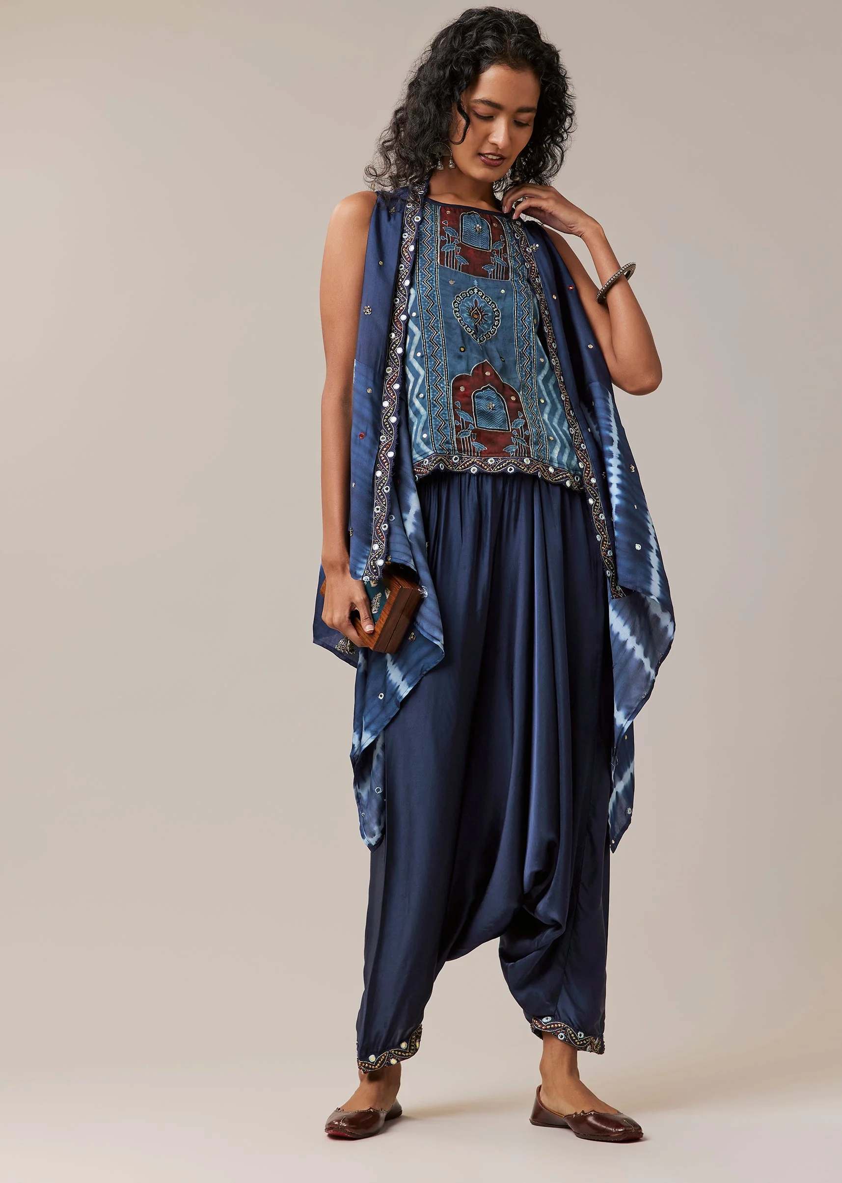 Indigo Hand Dyed Leheriya Jacket and Cowl Pant Set - Image 3