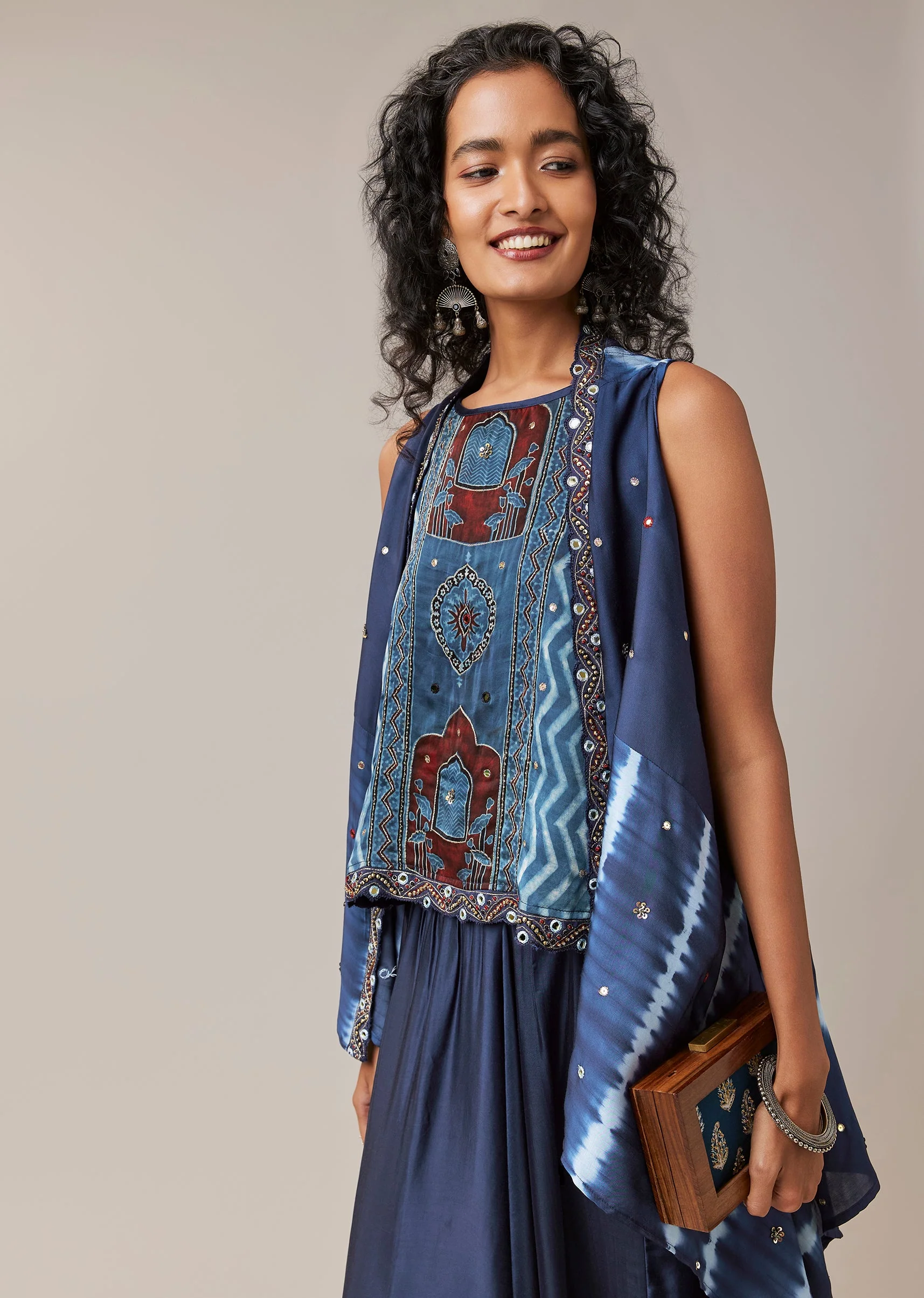 Indigo Hand Dyed Leheriya Jacket and Cowl Pant Set - Image 4