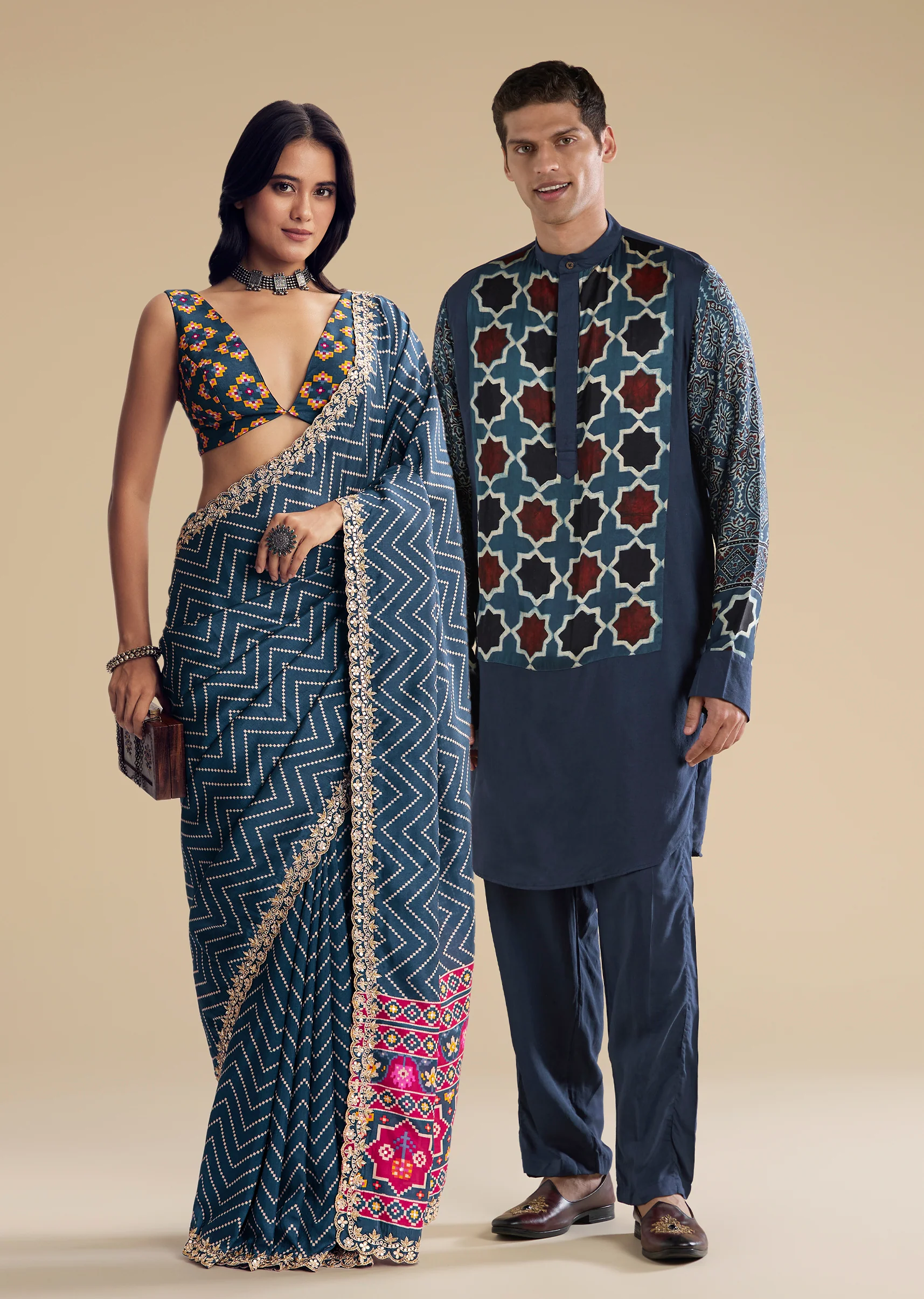 Indigo Heritage Couple Set – Navy Blue Ajrakh Saree For Her And Indigo Ajrakh Kurta Set For Him