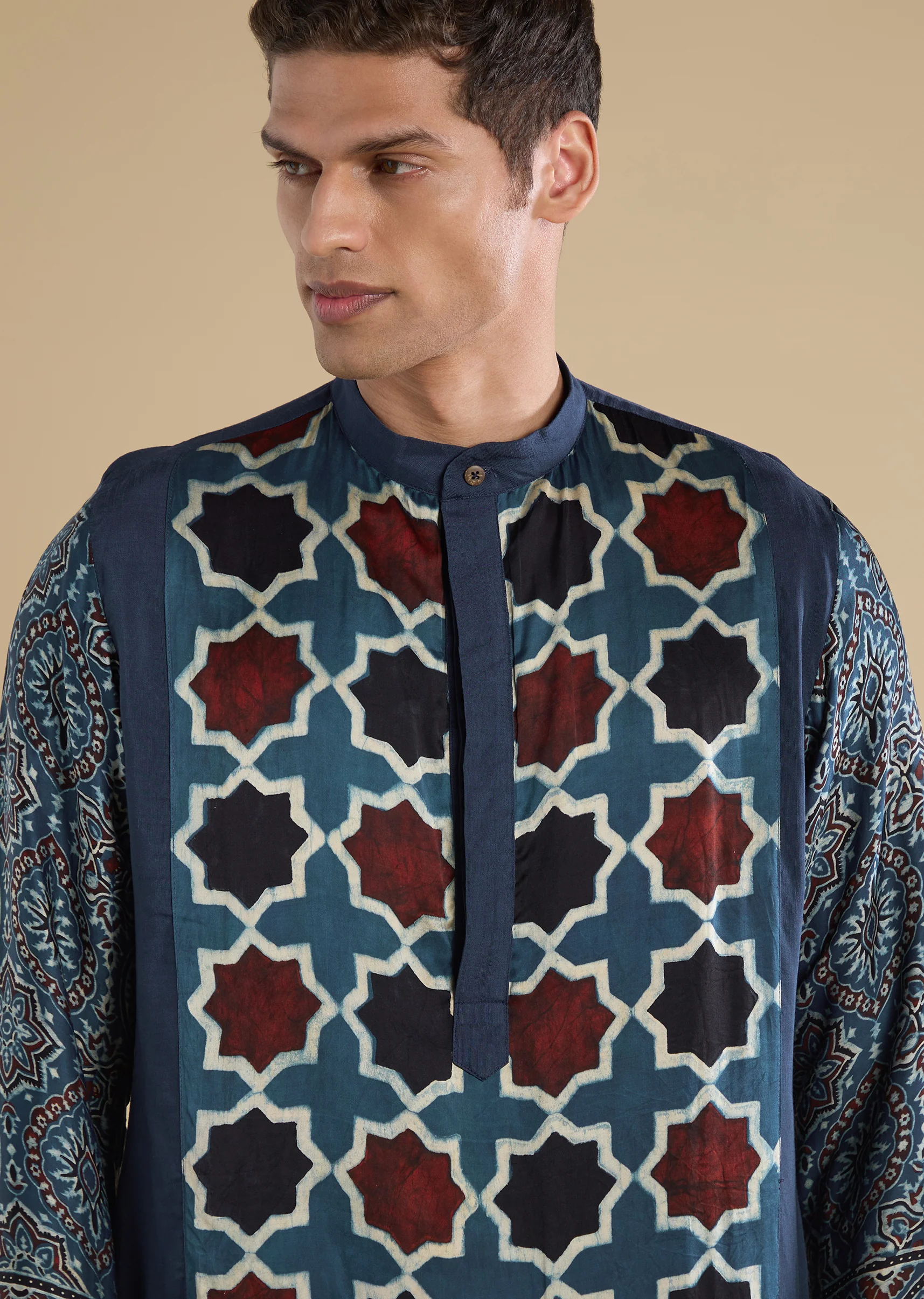 Indigo Heritage Couple Set – Navy Blue Ajrakh Saree For Her And Indigo Ajrakh Kurta Set For Him - Image 10