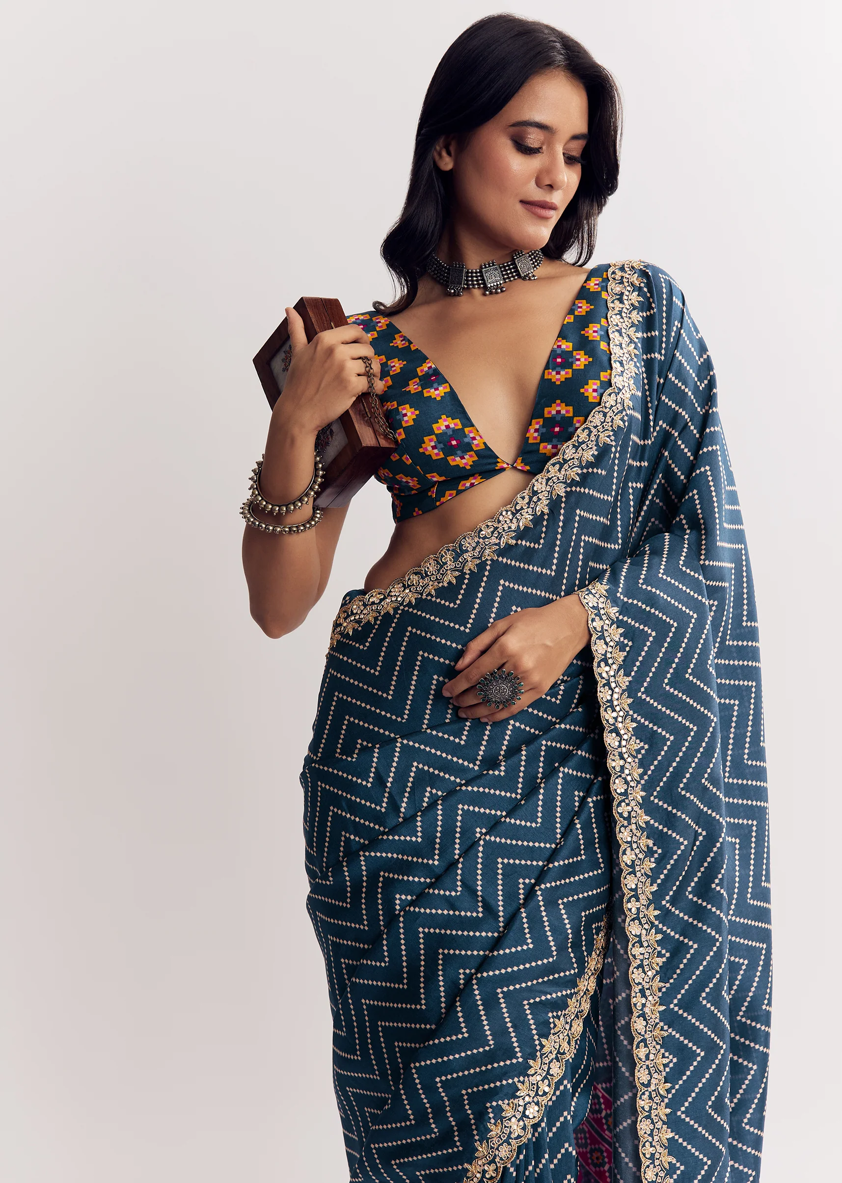 Indigo Heritage Couple Set – Navy Blue Ajrakh Saree For Her And Indigo Ajrakh Kurta Set For Him - Image 2