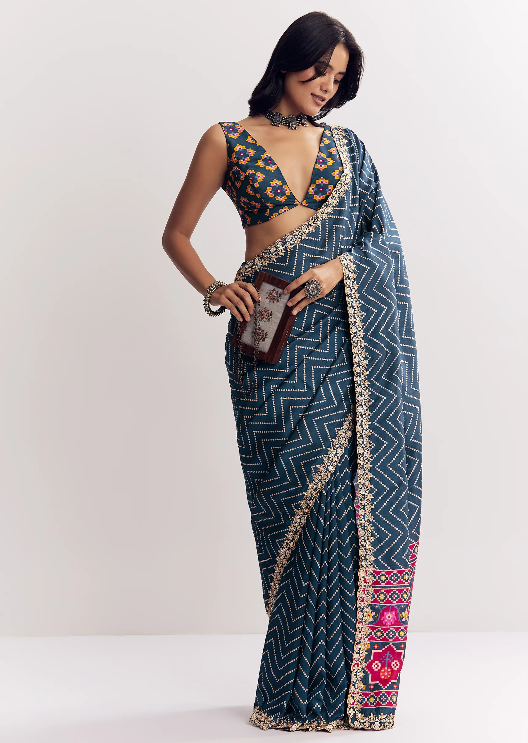 Indigo Heritage Couple Set – Navy Blue Ajrakh Saree For Her And Indigo Ajrakh Kurta Set For Him - Image 4