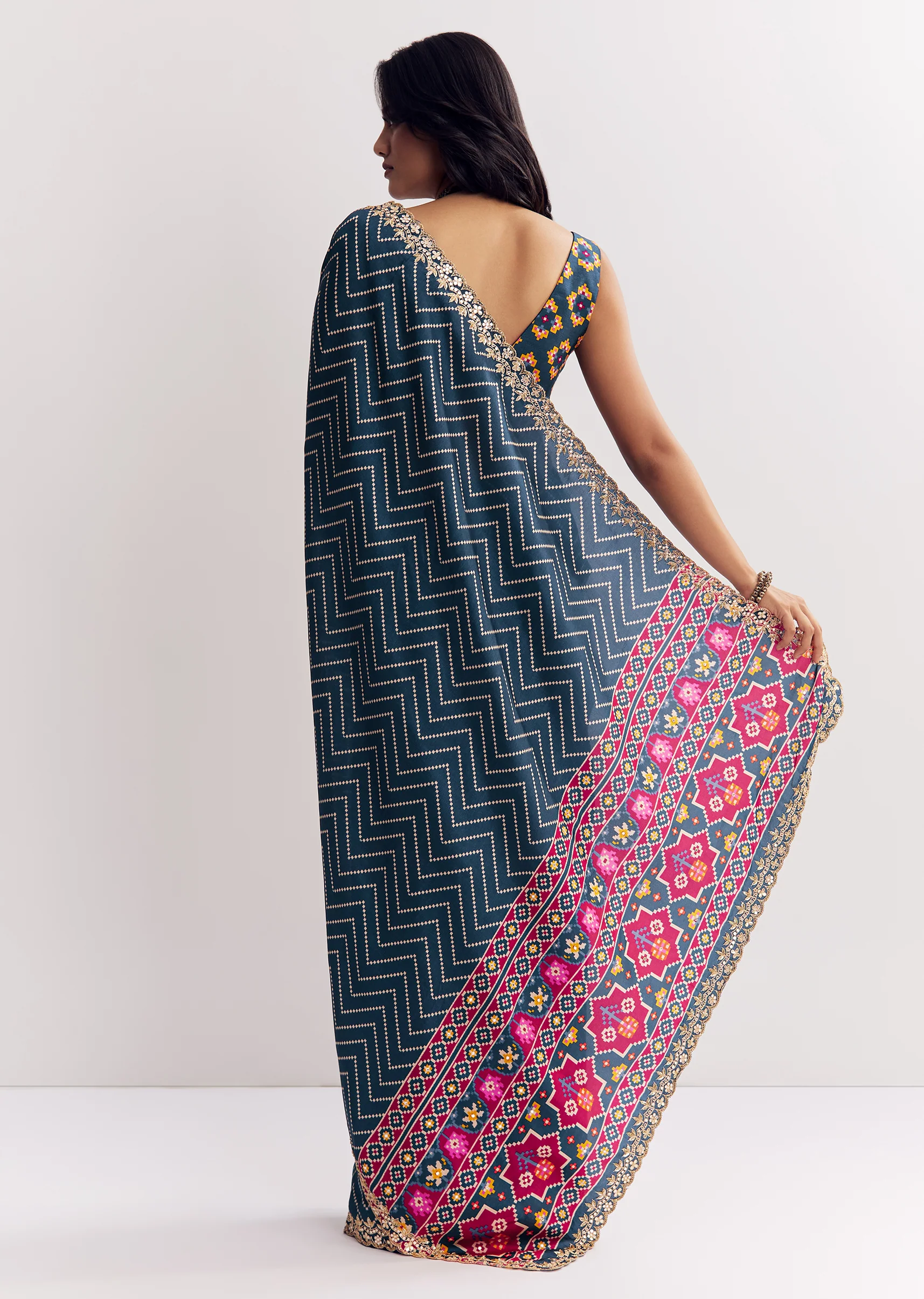 Indigo Heritage Couple Set – Navy Blue Ajrakh Saree For Her And Indigo Ajrakh Kurta Set For Him - Image 5