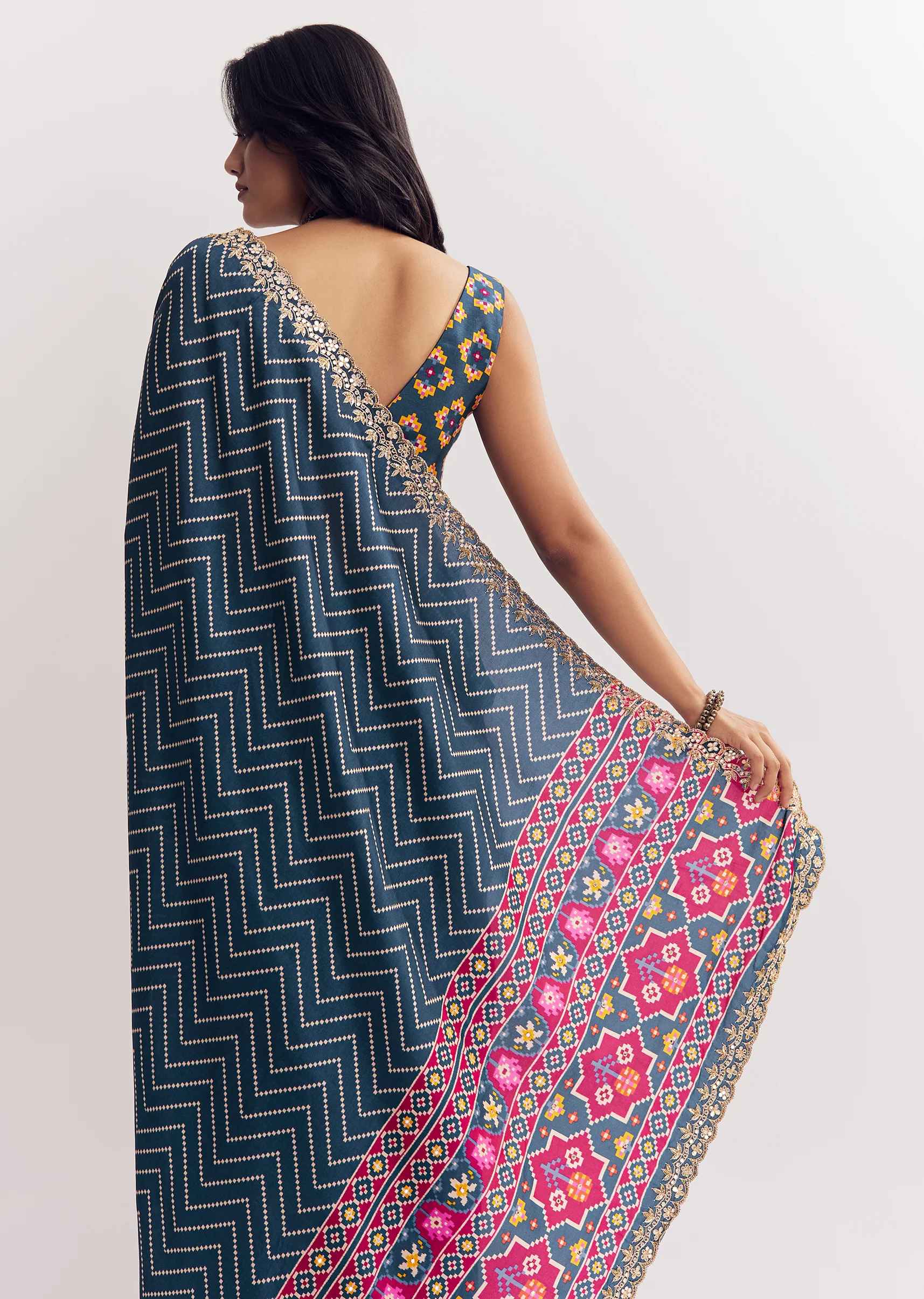 Indigo Heritage Couple Set – Navy Blue Ajrakh Saree For Her And Indigo Ajrakh Kurta Set For Him - Image 6