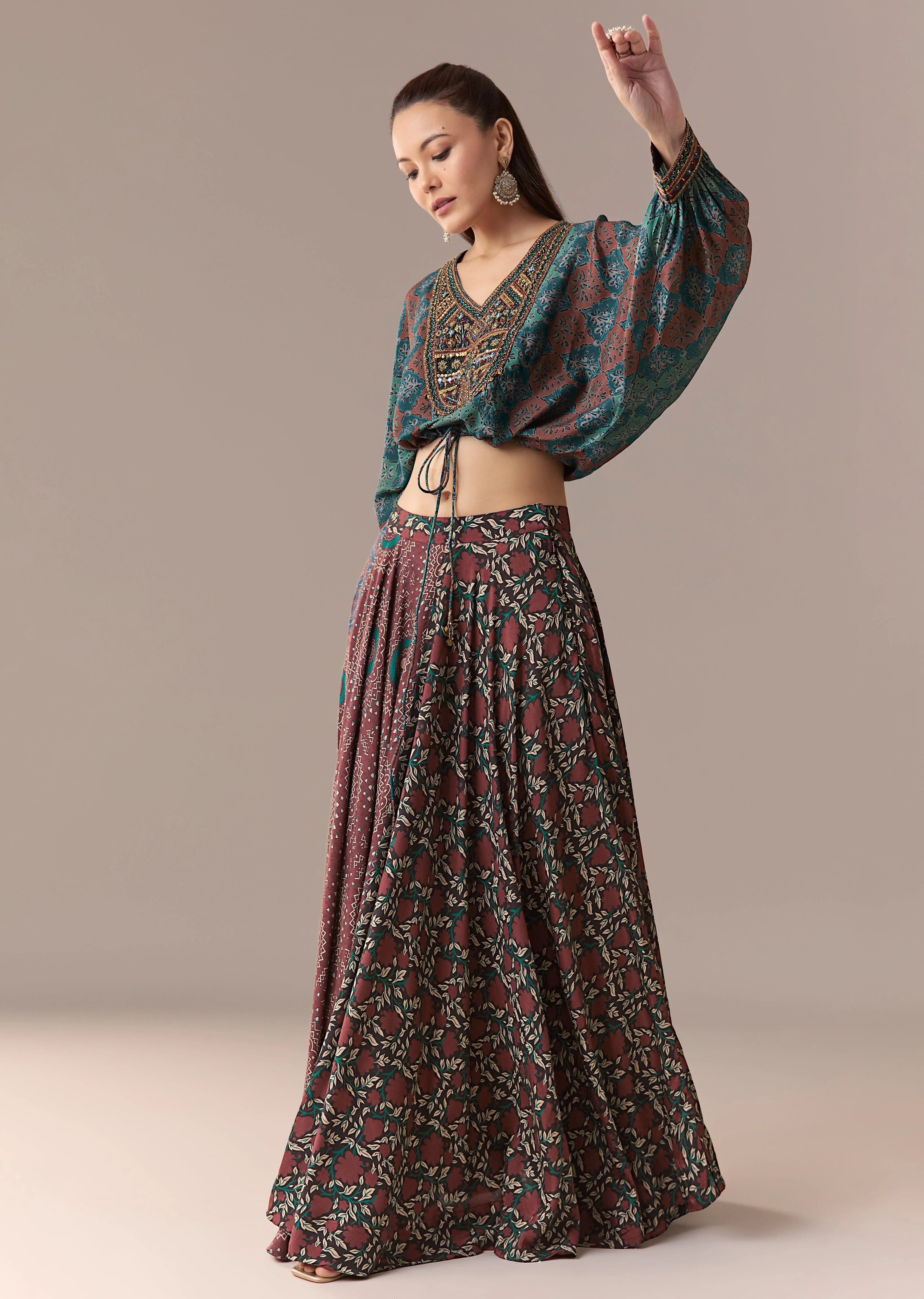 Indigo Noir Festive Couple Set – Indigo Printed Crop Top & Skirt Set for Her And Black Embroidered Silk Kurta Jacket Set for Him - Image 3