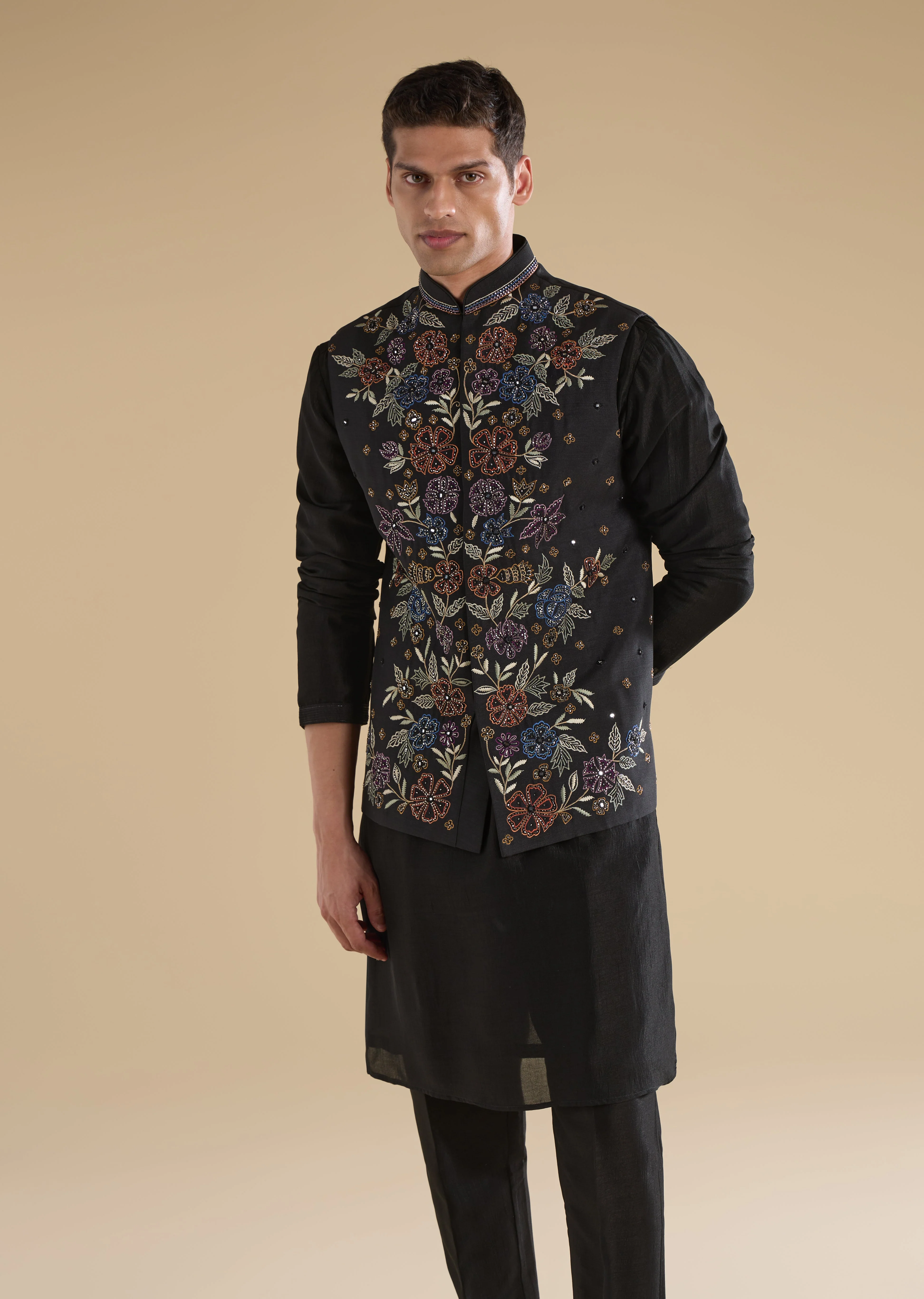 Indigo Noir Festive Couple Set – Indigo Printed Crop Top & Skirt Set for Her And Black Embroidered Silk Kurta Jacket Set for Him - Image 8