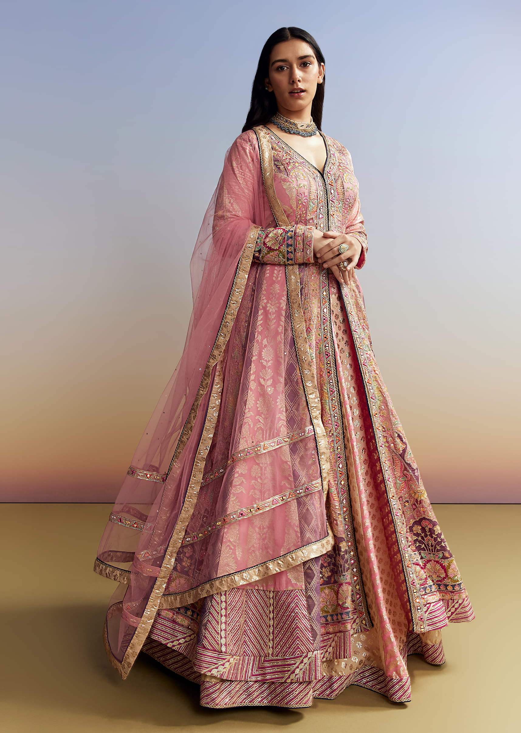 Indo Western Pink Silk Kurta Lehenga Set - Image 3
