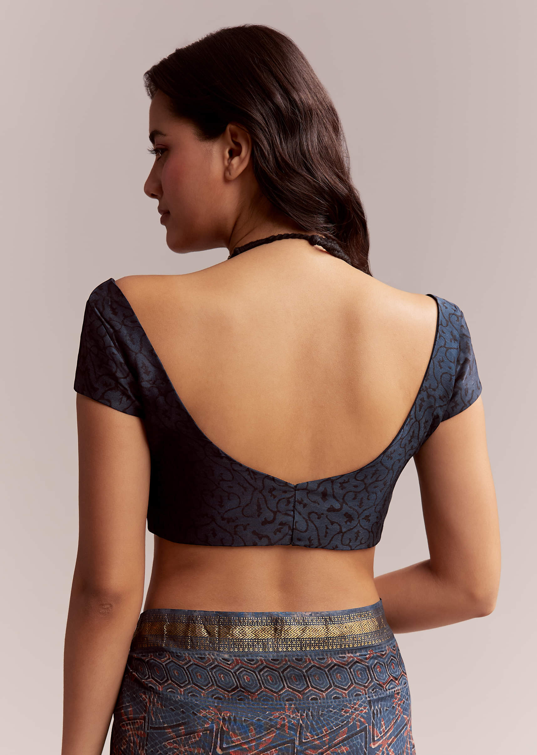 Ink Blue Linen Printed Saree With Hand Block Ajrakh Leaf Print - Image 8