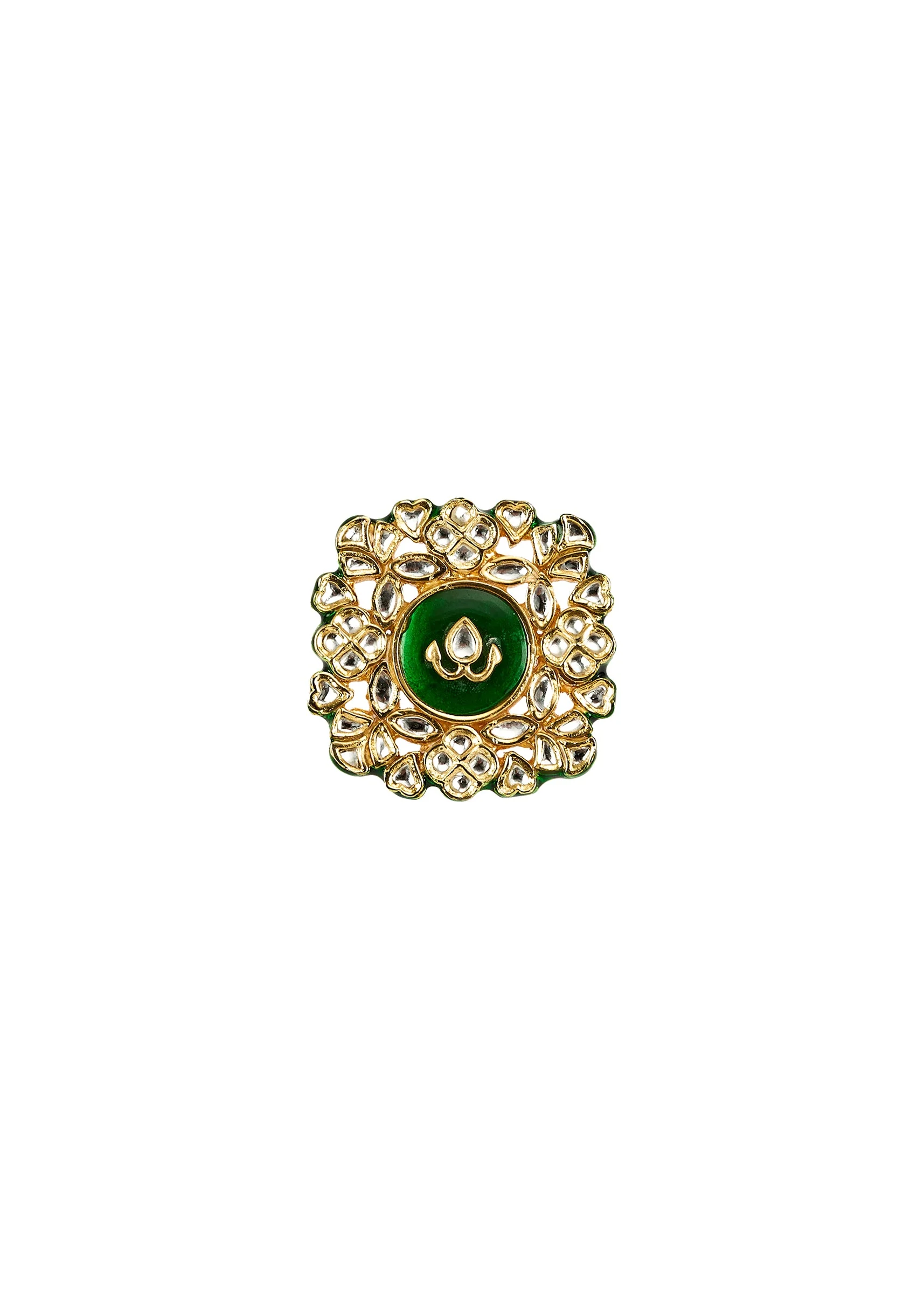 Intricate Gold Details And Sparkling Studs Green Kundan Polki Ring - Image 2