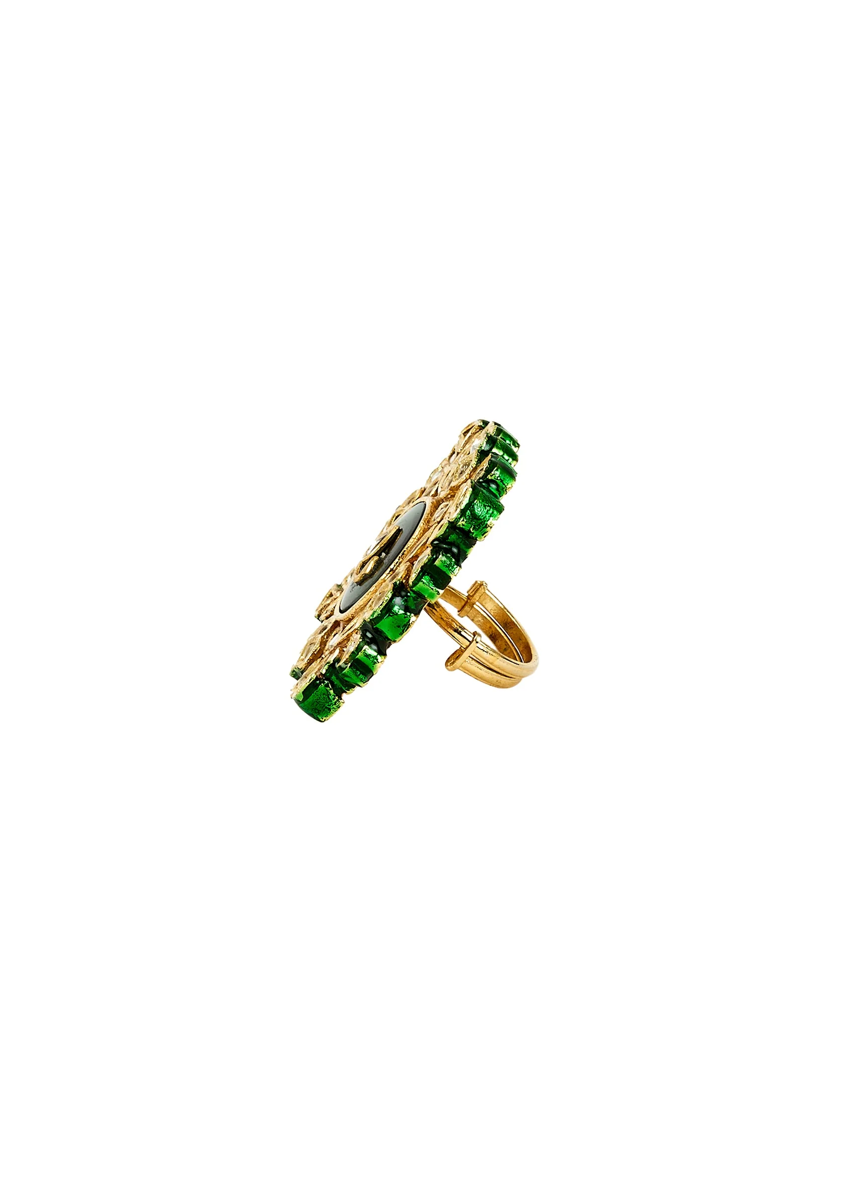 Intricate Gold Details And Sparkling Studs Green Kundan Polki Ring - Image 3