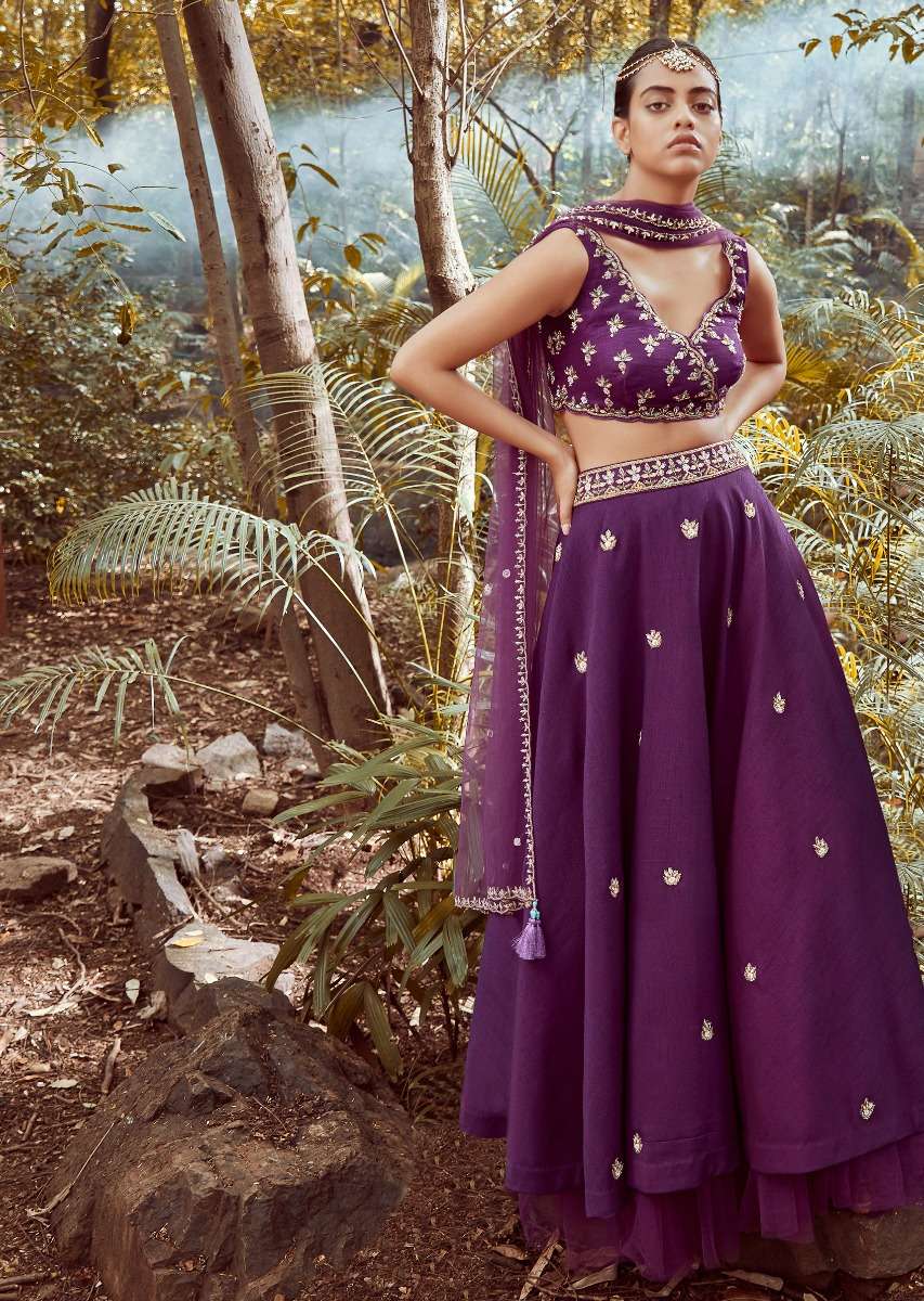 Irish Purple Lehenga Choli In Raw Silk With Cut Dana And Beads Embroidered Floral Buttis And Overlapping V Neckline