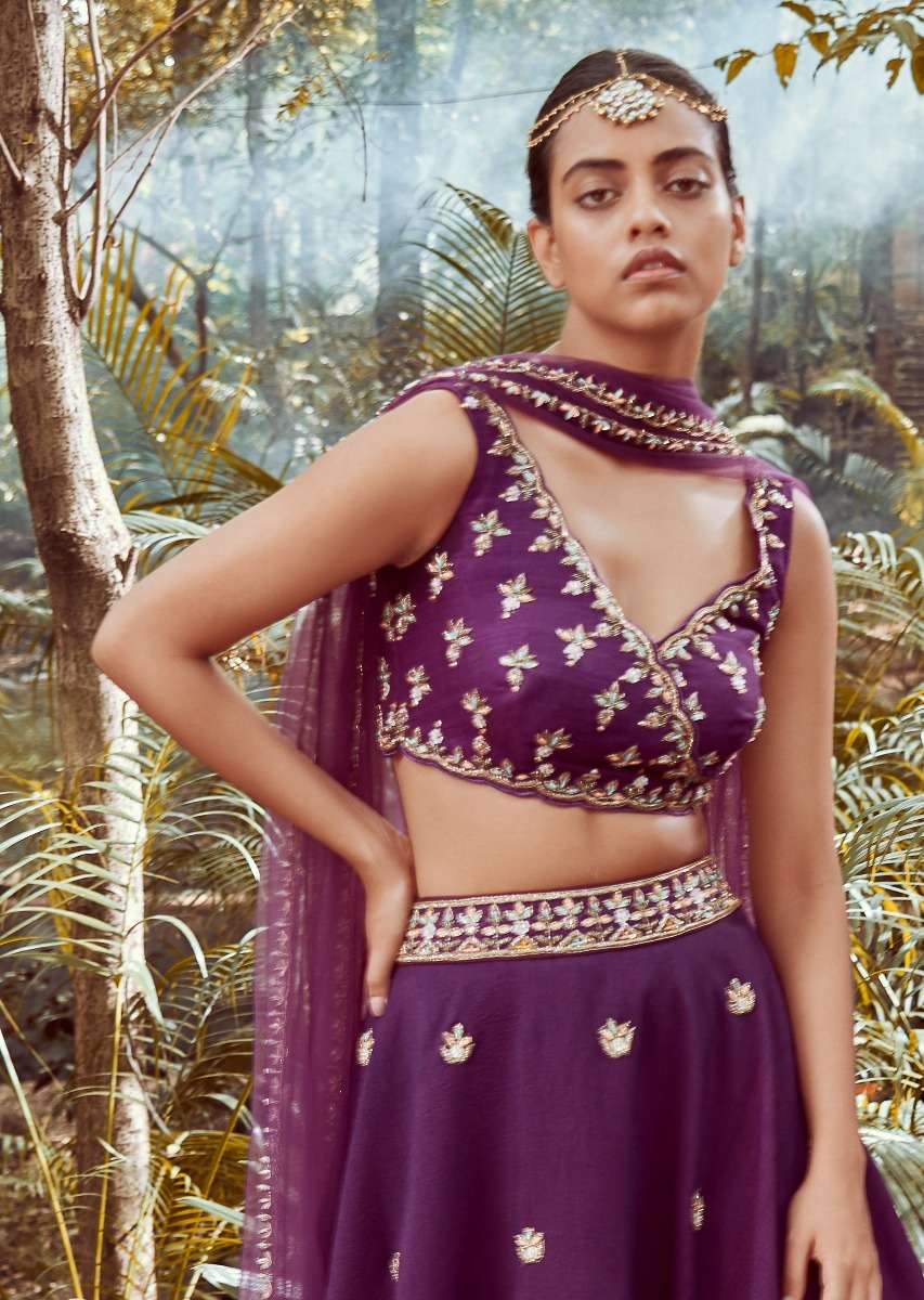 Irish Purple Lehenga Choli In Raw Silk With Cut Dana And Beads Embroidered Floral Buttis And Overlapping V Neckline - Image 3