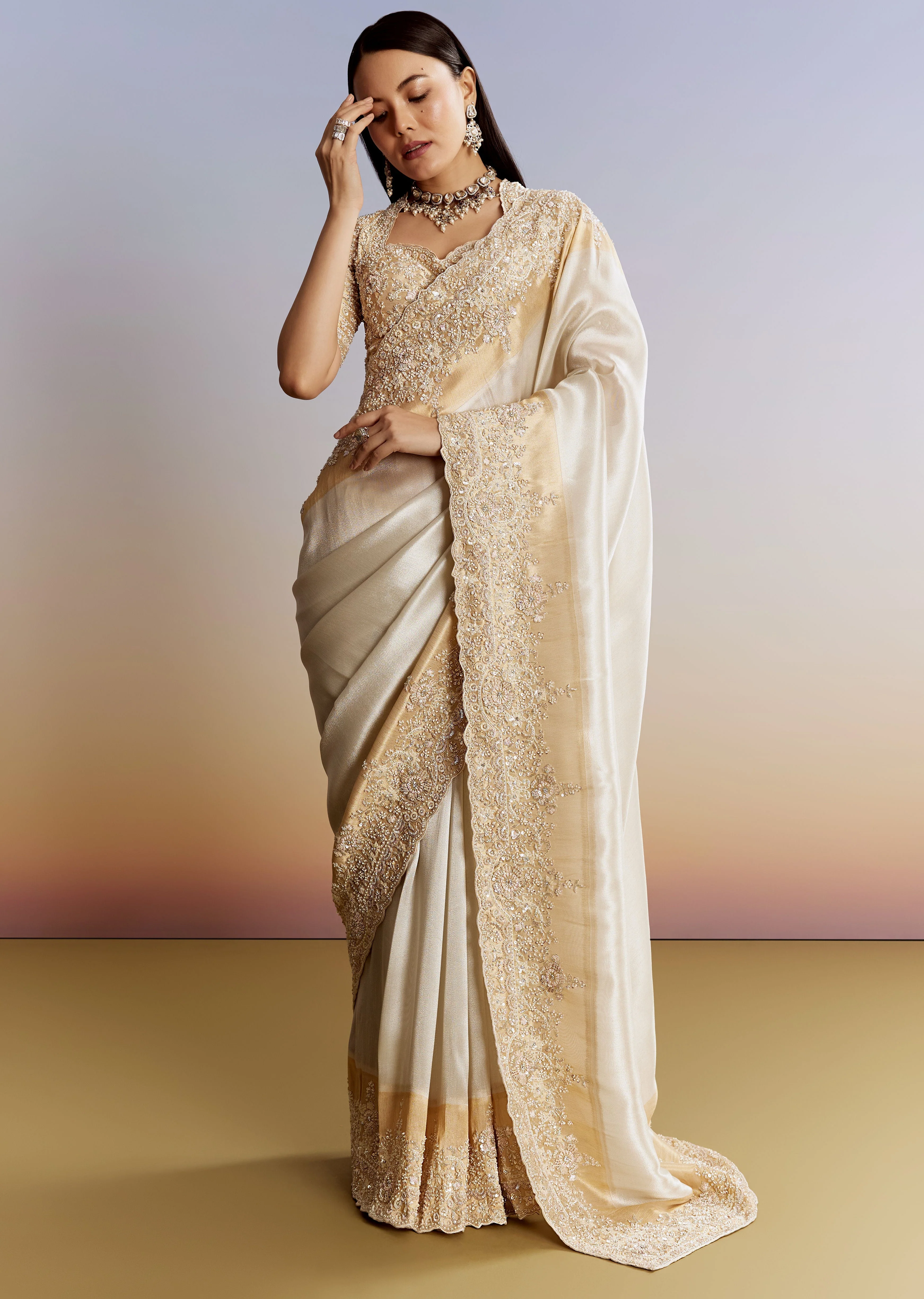 Ivory And Golden Kora Silk Saree With Heavy Zardosi Work - Image 10