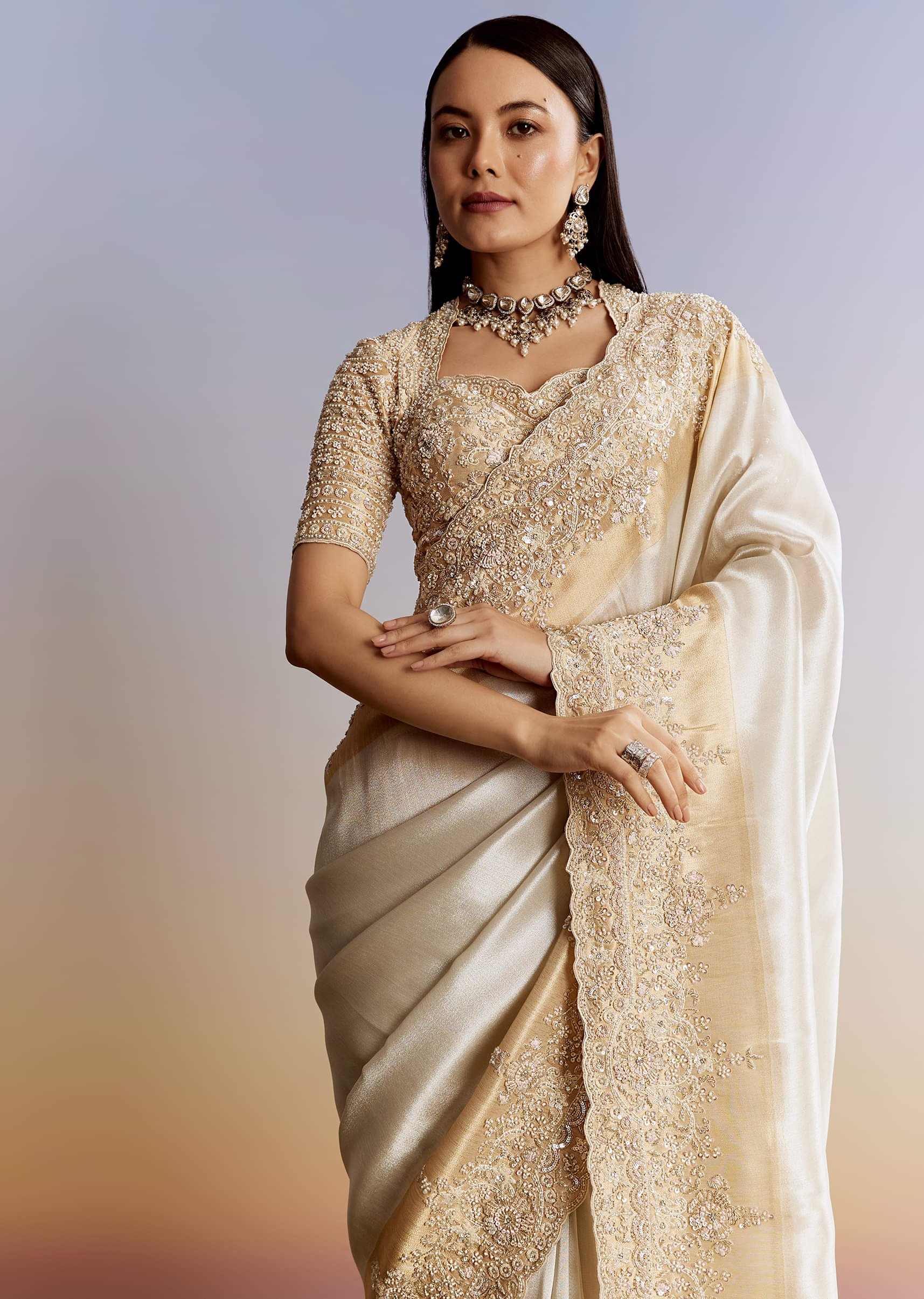 Ivory And Golden Kora Silk Saree With Heavy Zardosi Work - Image 3