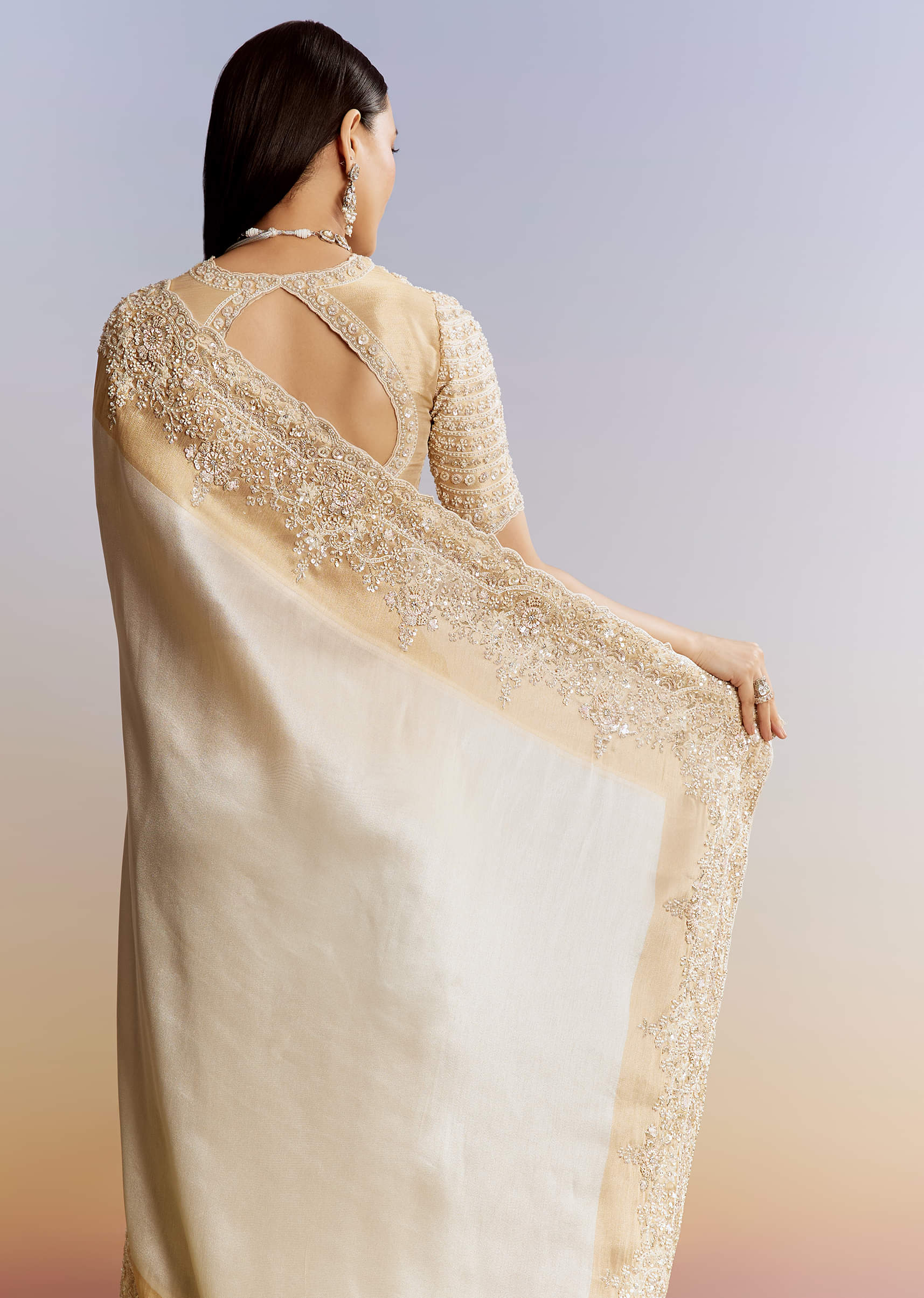 Ivory And Golden Kora Silk Saree With Heavy Zardosi Work - Image 4
