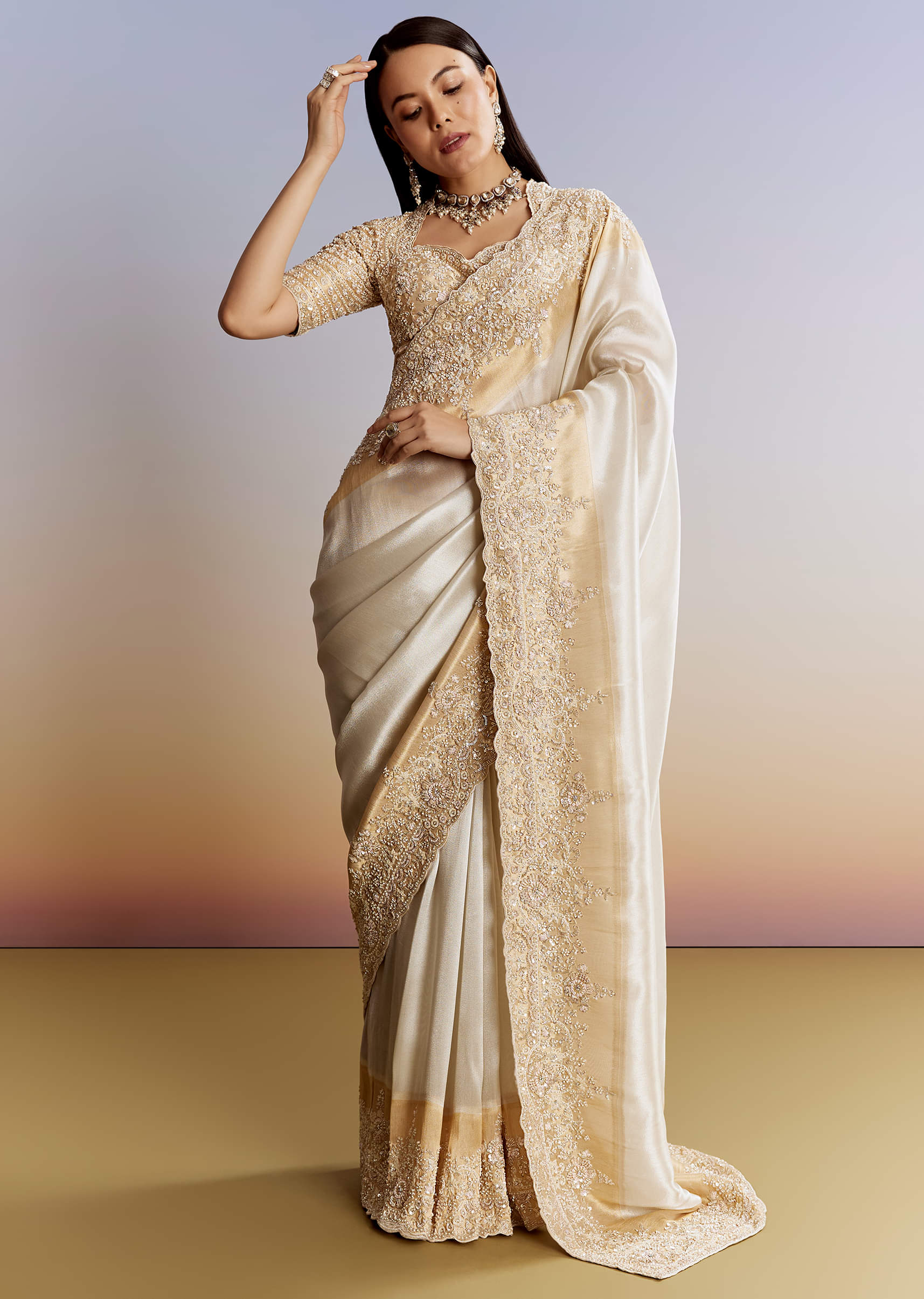 Ivory And Golden Kora Silk Saree With Heavy Zardosi Work - Image 5